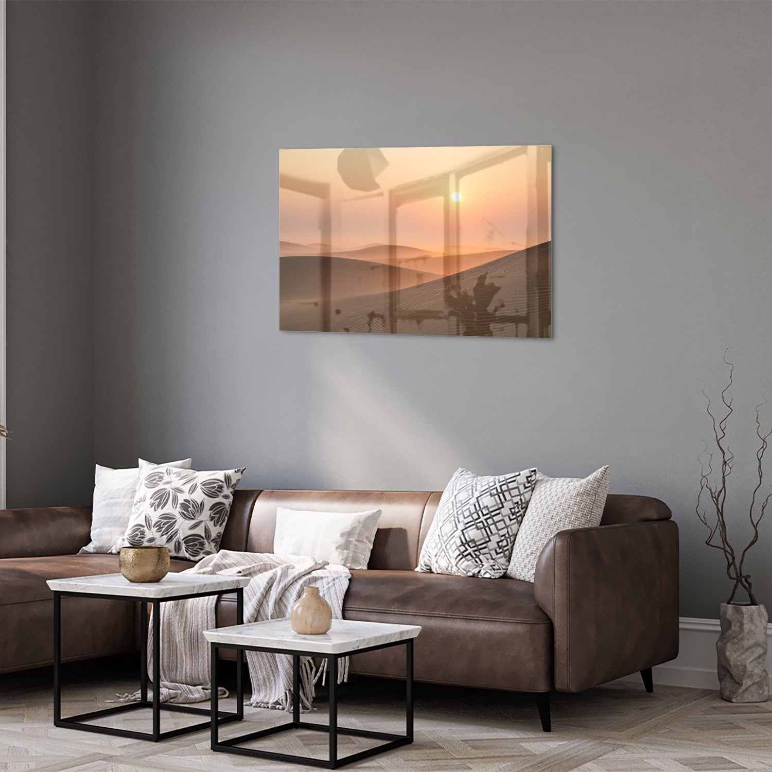 Glasbild mit Sonnenuntergang in warmen Farbtönen – Glasbild aus Sicherheitsglas, Größe 50x50_rond