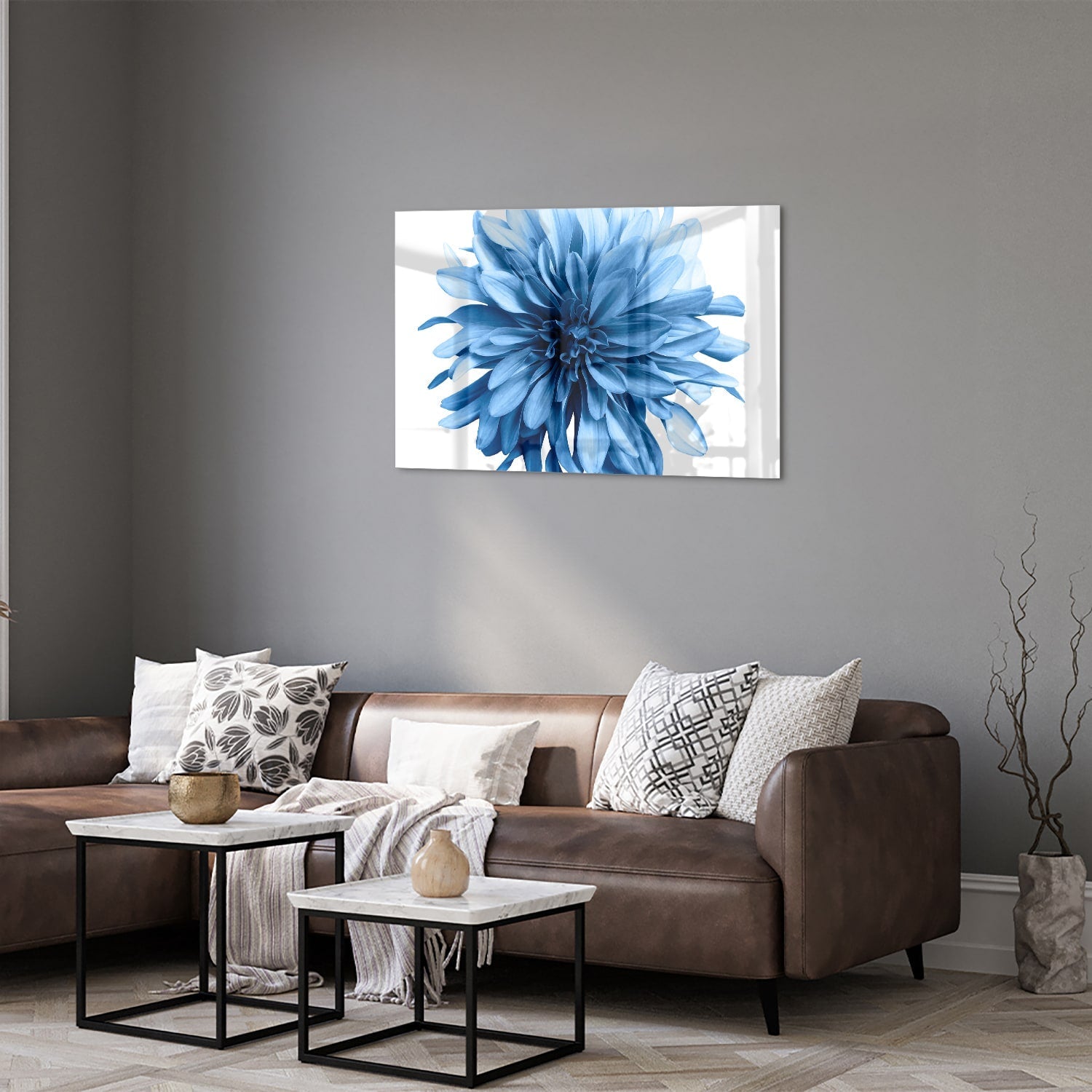 Blaues Glasbild mit einer Blume – Glasbild aus Sicherheitsglas, Größe 50x50_rond