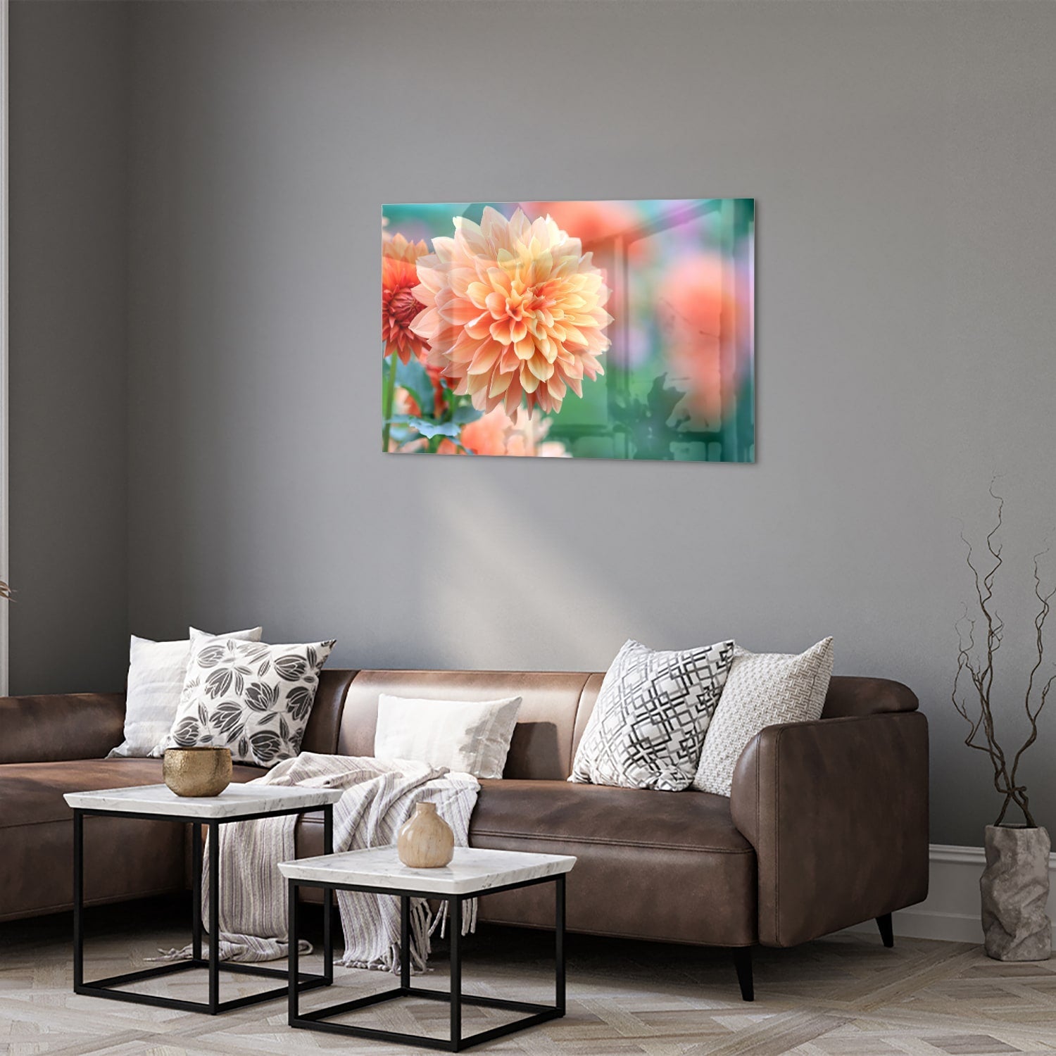 Glasbild mit Pastellrosa Dahlie – Glasbild aus Sicherheitsglas, Größe 50x50_rond