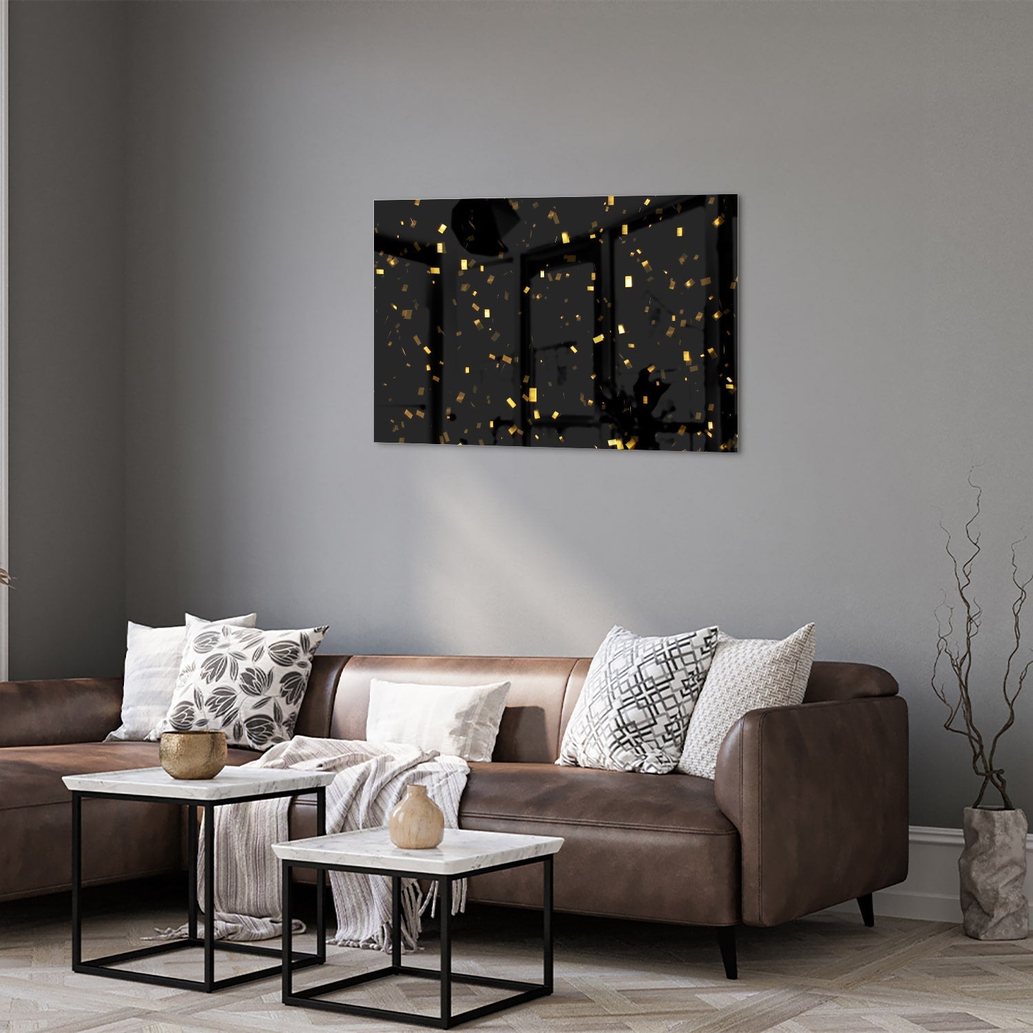 Schwarzes Glasbild mit goldenem Konfetti – Glasbild aus Sicherheitsglas, Größe 50x50_rond
