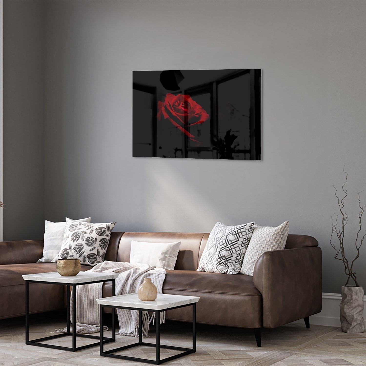 Elegantes Glasbild mit roter Rose auf schwarzem Hintergrund – Glasbild aus Sicherheitsglas, Größe 50x50_rond