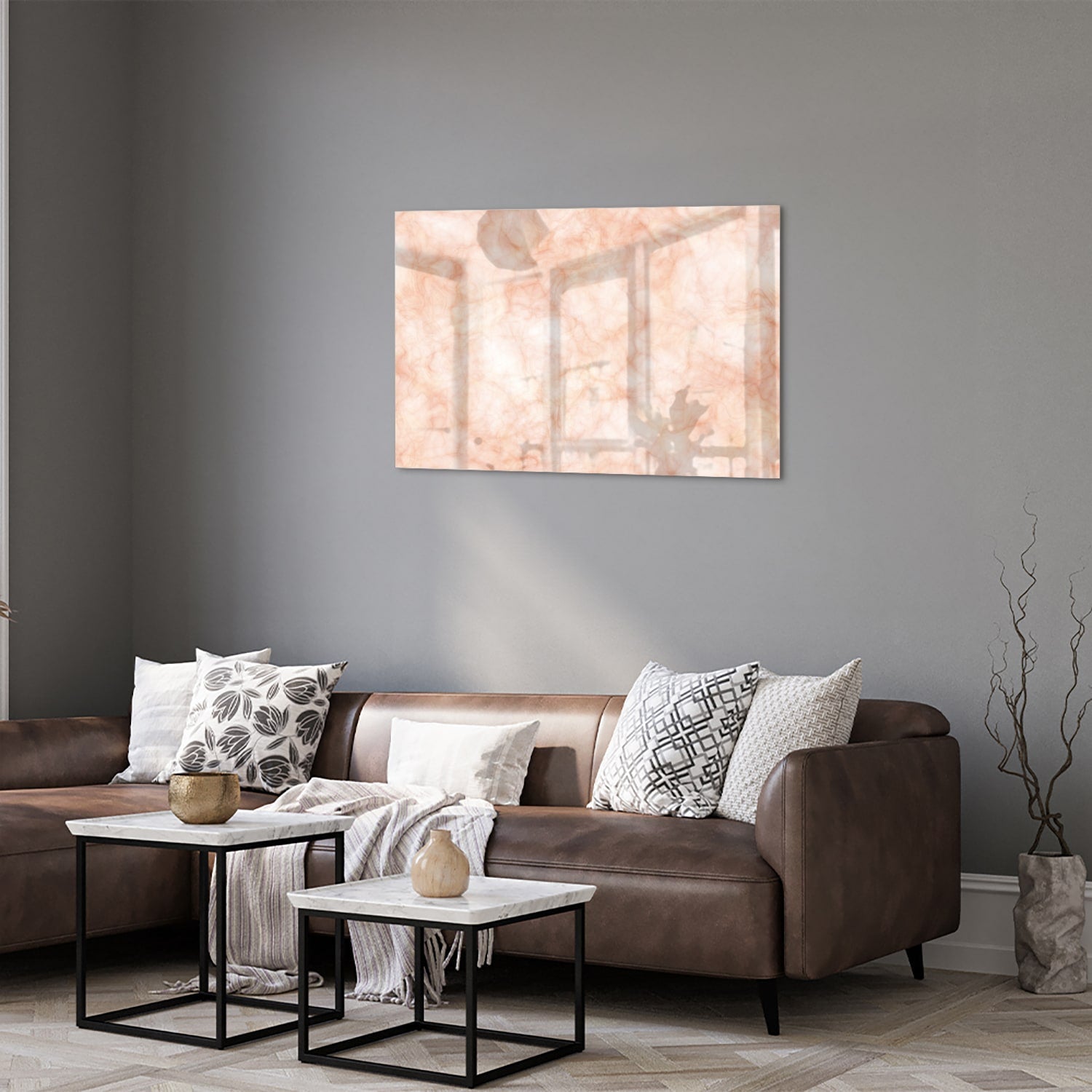 Hellrosa abstraktes Glasbild für ein elegantes Interieur – Glasbild aus Sicherheitsglas, Größe 50x50_rond