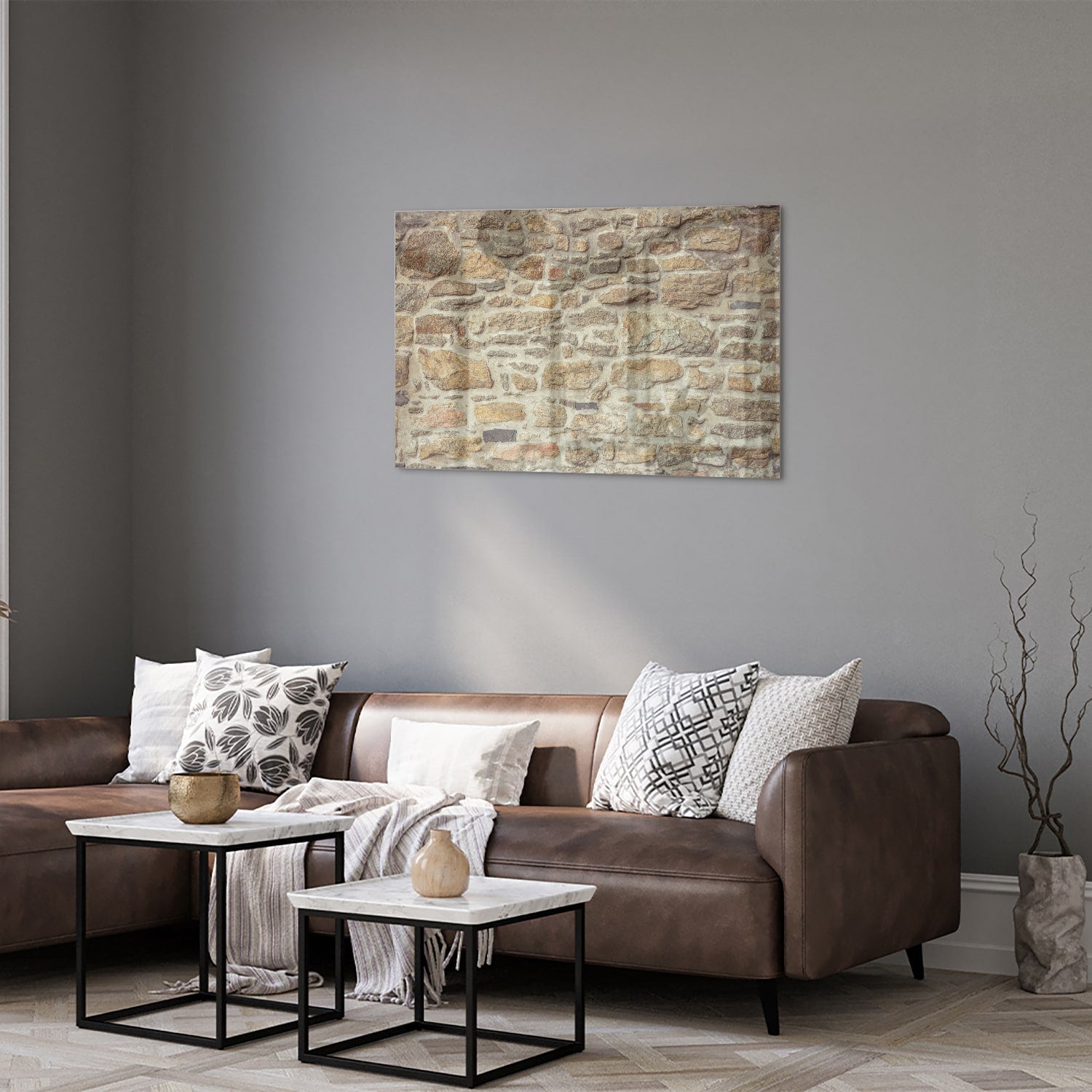 Glasbild mit rustikaler Steinwand – Glasbild aus Sicherheitsglas, Größe 50x50_rond
