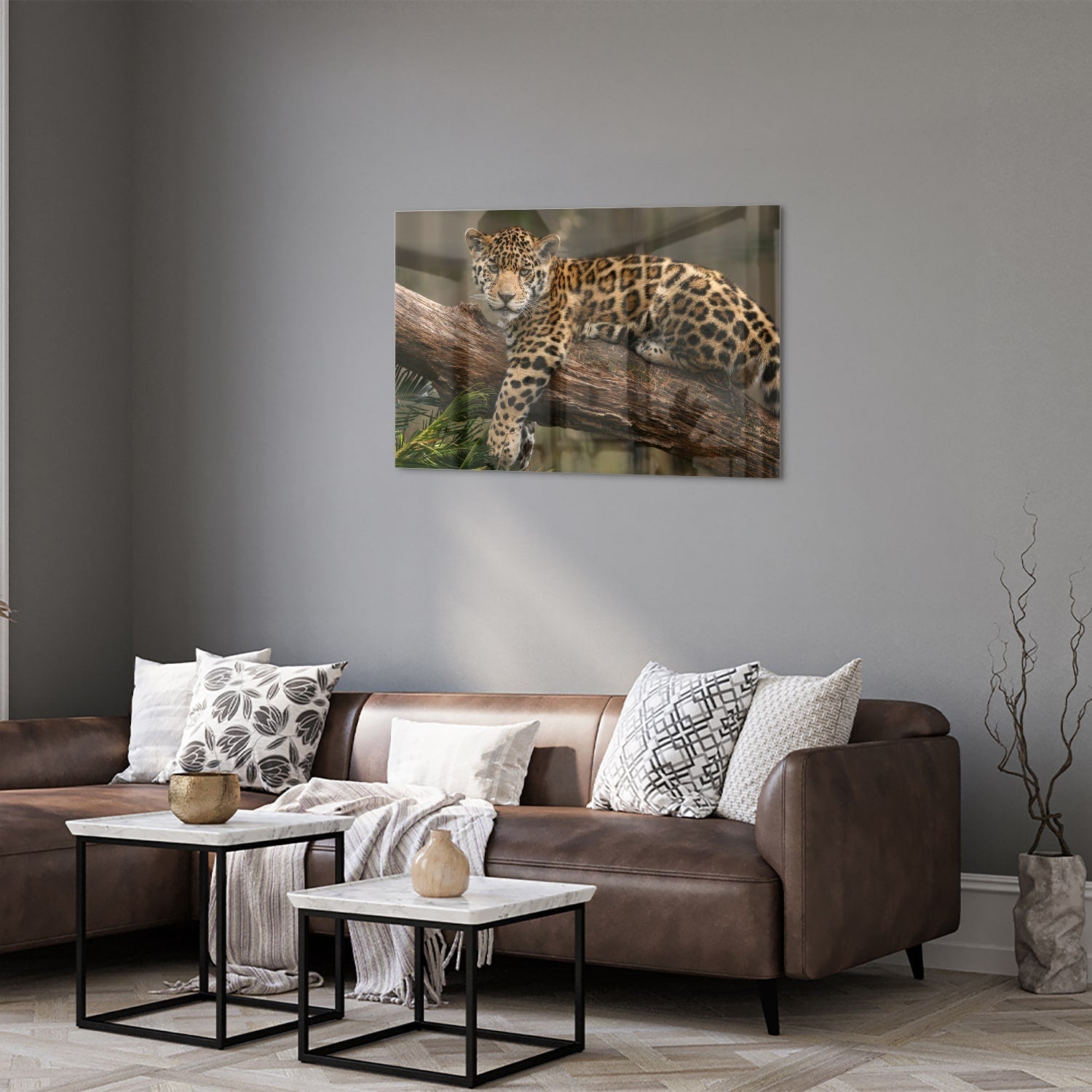 Glasbild mit einem majestätischen Jaguar – Glasbild aus Sicherheitsglas, Größe 50x50_rond