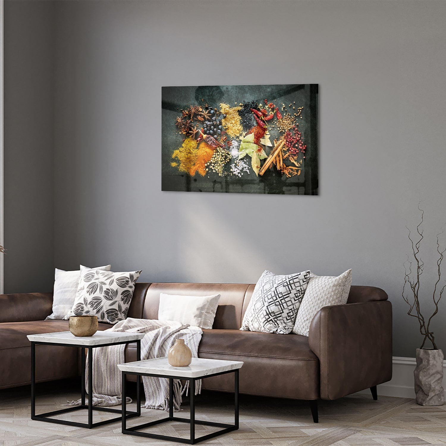 Farbenfrohes Glasbild mit Gewürzen und Blättern – Glasbild aus Sicherheitsglas, Größe 50x50_rond
