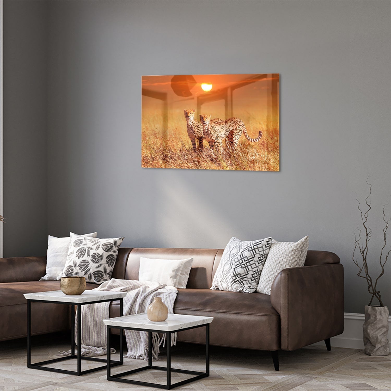 Elegantes Glasbild mit Geparden in der Natur – Glasbild aus Sicherheitsglas, Größe 50x50_rond
