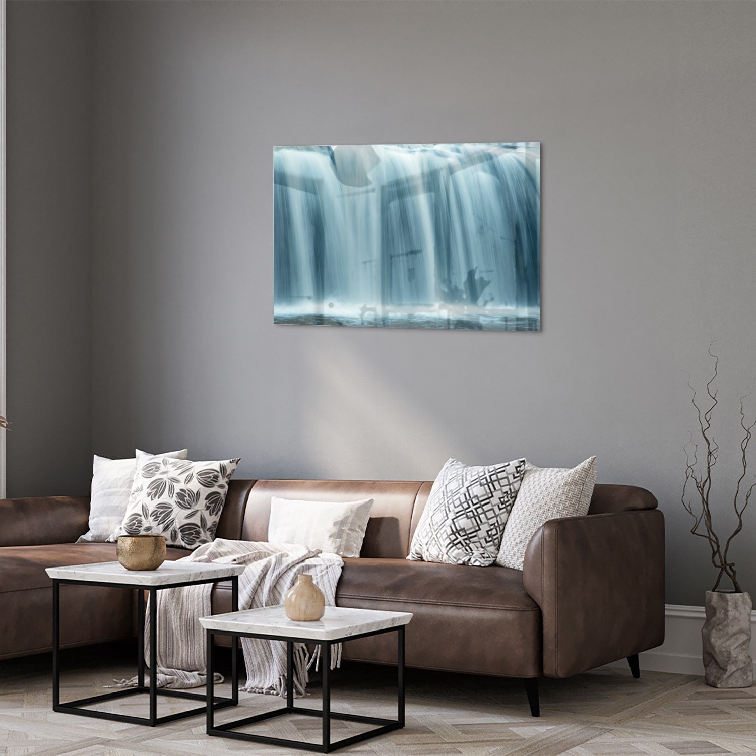 Beruhigendes Glasbild mit Wasserfällen – Glasbild aus Sicherheitsglas, Größe 50x50_rond