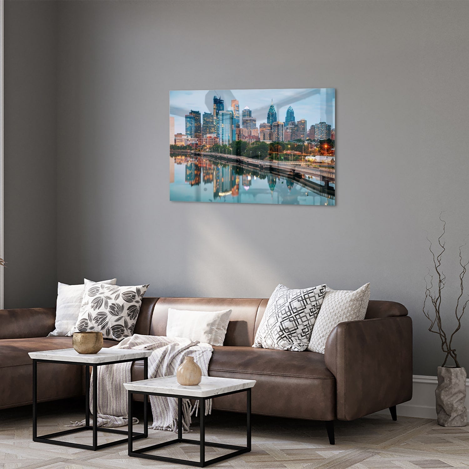Modernes Glasbild mit Stadtansicht – Glasbild aus Sicherheitsglas, Größe 50x50_rond