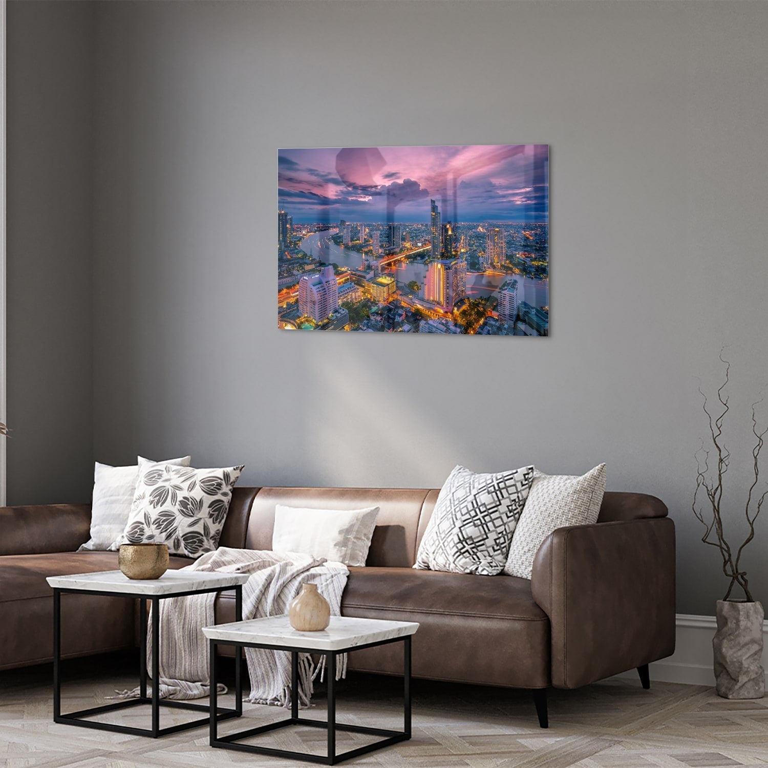 Glasbild mit Stadtblick im Abendlicht – Glasbild aus Sicherheitsglas, Größe 50x50_rond