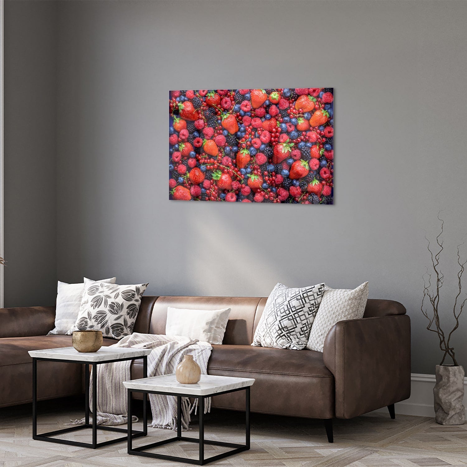 Farbenfrohes Glasbild mit Beeren und Früchten – Glasbild aus Sicherheitsglas, Größe 50x50_rond