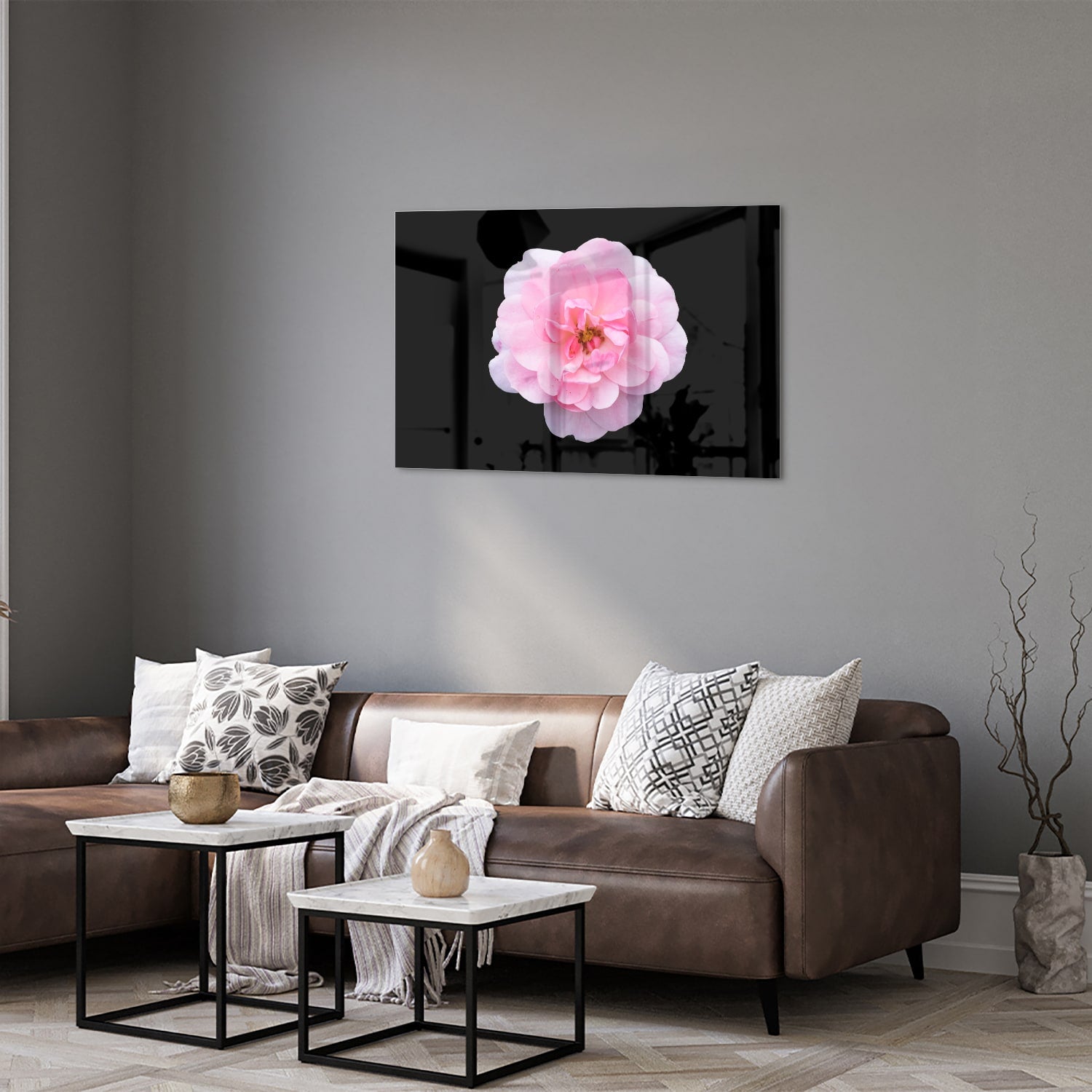 Elegantes Glasbild mit rosa Blume auf schwarzem Hintergrund – Glasbild aus Sicherheitsglas, Größe 50x50_rond