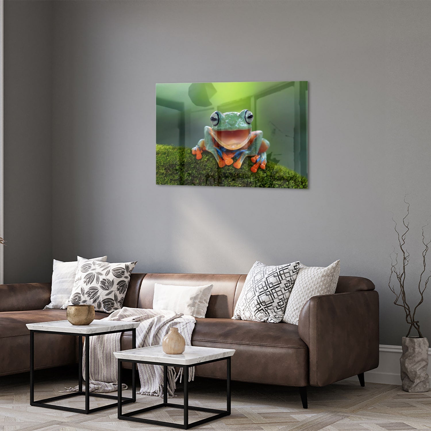 Fröhliches Glasbild mit Laubfrosch – Glasbild aus Sicherheitsglas, Größe 50x50_rond