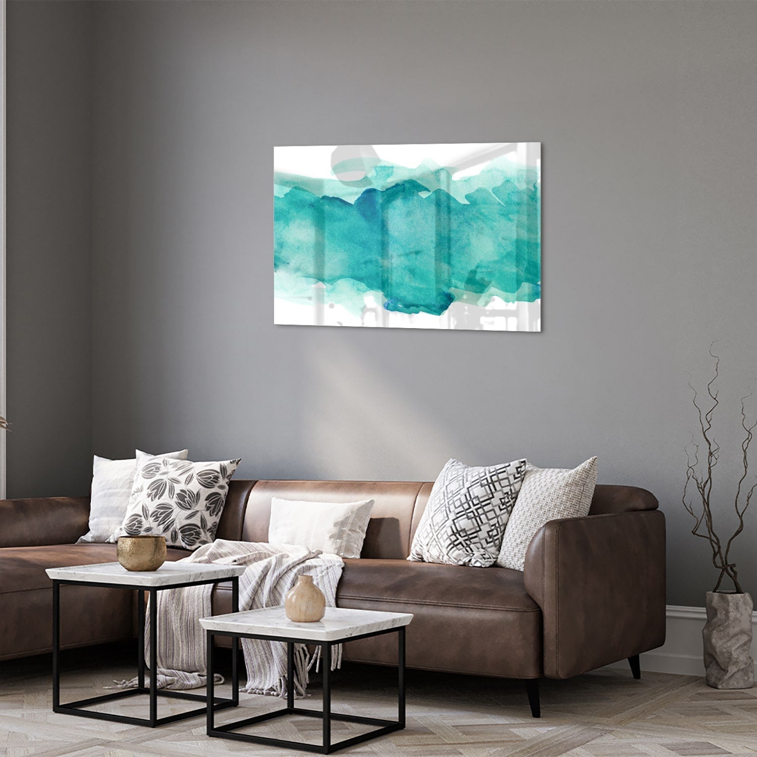 Abstraktes türkisfarbenes Glasbild für moderne Innenräume – Glasbild aus Sicherheitsglas, Größe 50x50_rond