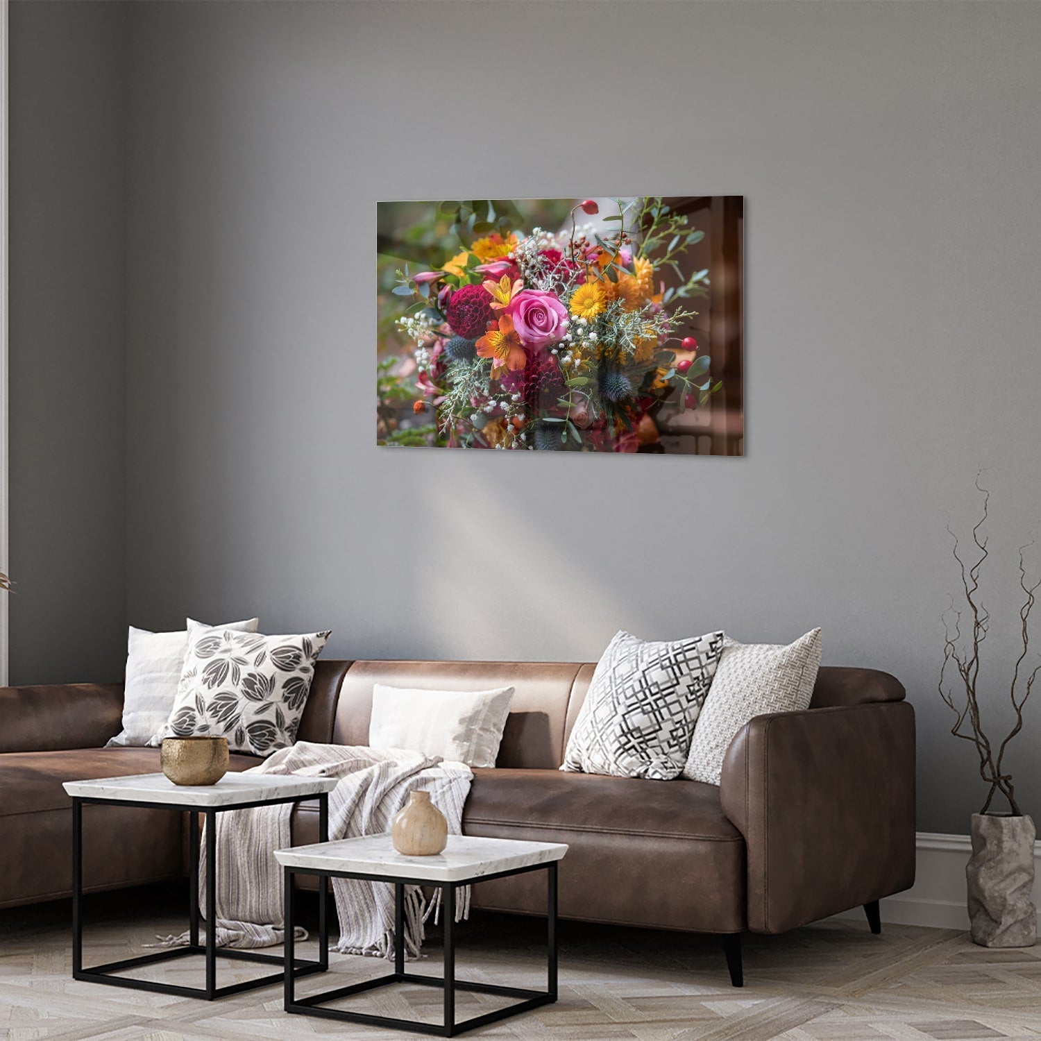 Farbenfrohes Glasbild mit einem Blumenstrauß – Glasbild aus Sicherheitsglas, Größe 50x50_rond
