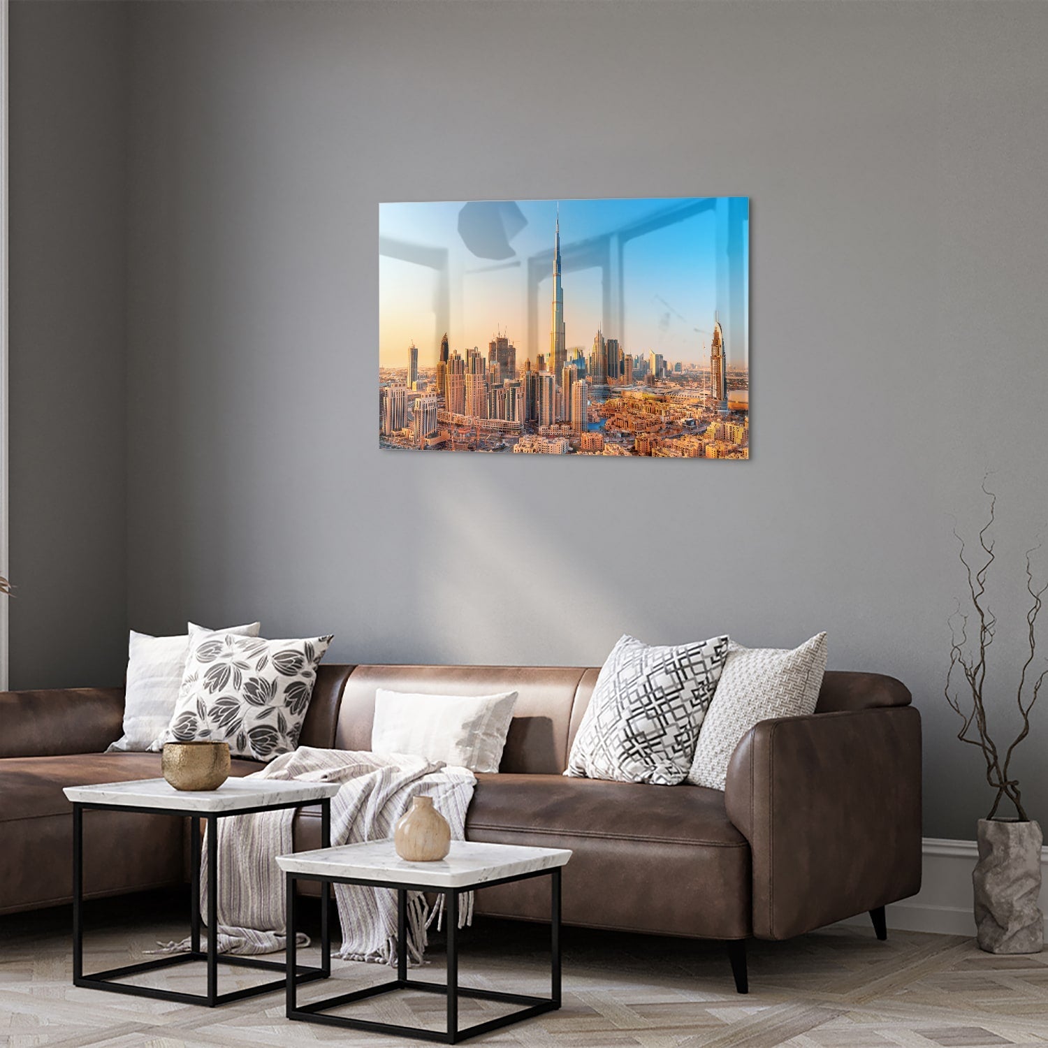 Modernes Glasbild mit Skyline Dubai – Glasbild aus Sicherheitsglas, Größe 50x50_rond