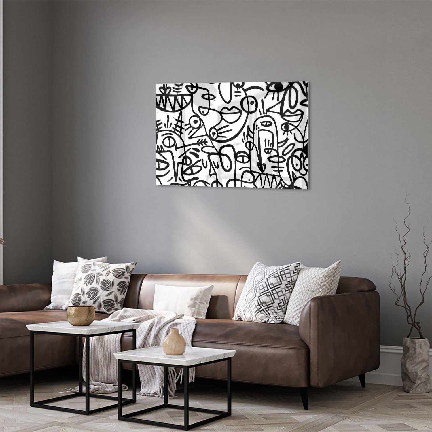 Abstraktes Schwarz-Weiß-Glasbild mit Formen – Glasbild aus Sicherheitsglas, Größe 50x50_rond