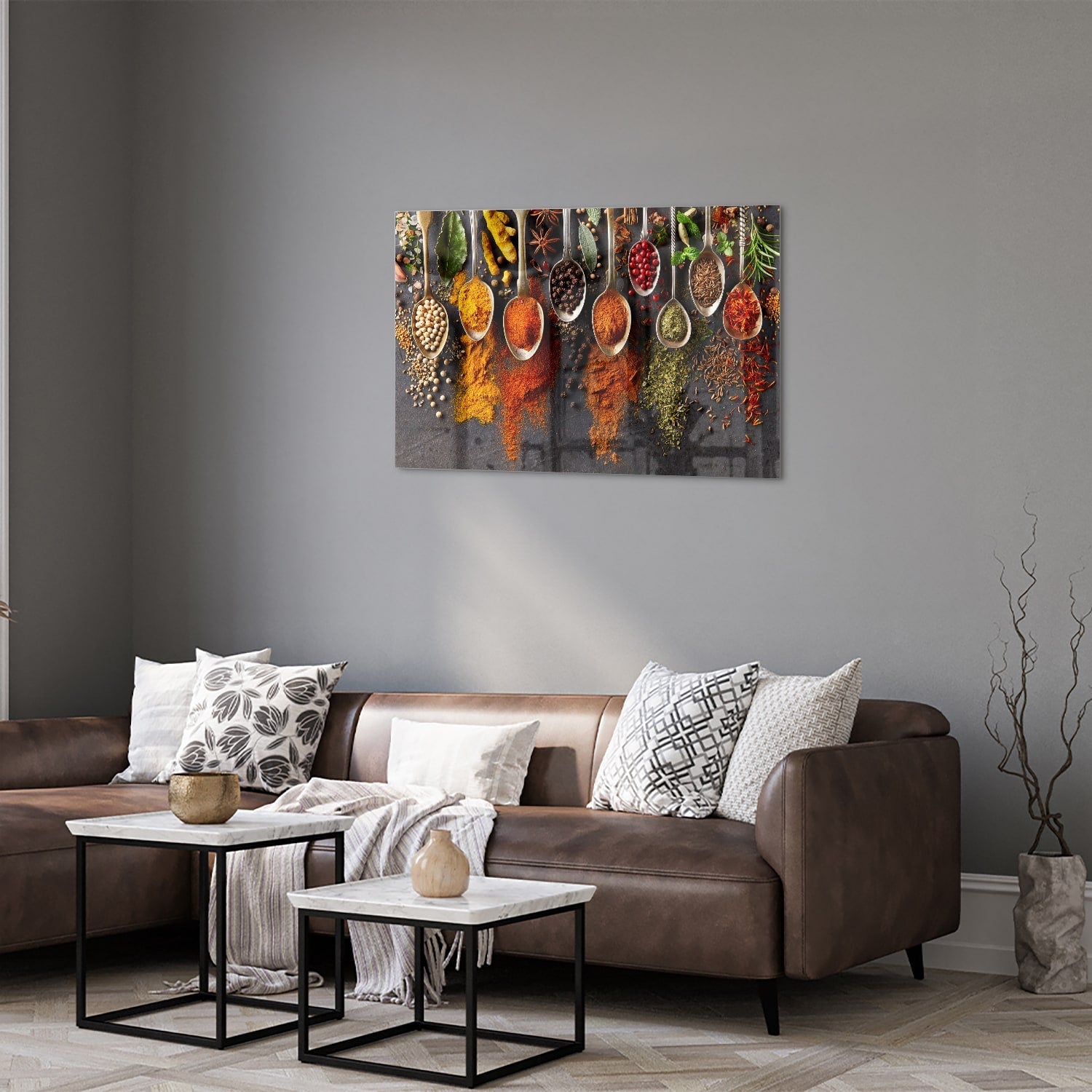 Farbenfrohes Glasbild mit Kräutern und Gewürzen – Glasbild aus Sicherheitsglas, Größe 50x50_rond