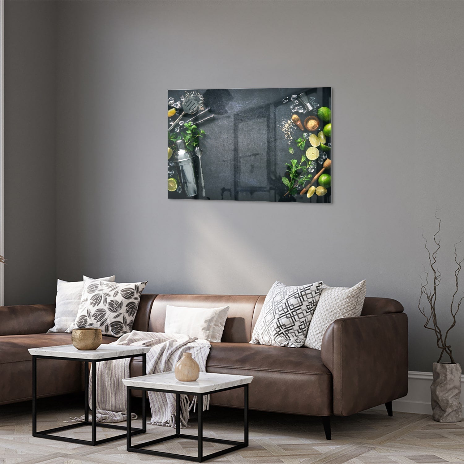 Elegantes Glasbild mit Kräutern und Zitronen – Glasbild aus Sicherheitsglas, Größe 50x50_rond