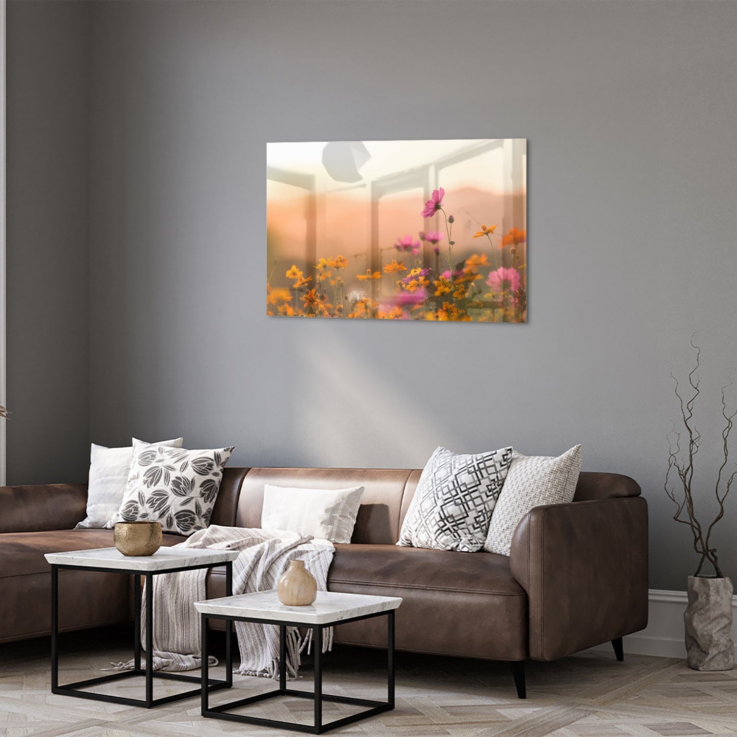 Wunderschönes Glasbild mit Blumen in Pastellfarben – Glasbild aus Sicherheitsglas, Größe 50x50_rond
