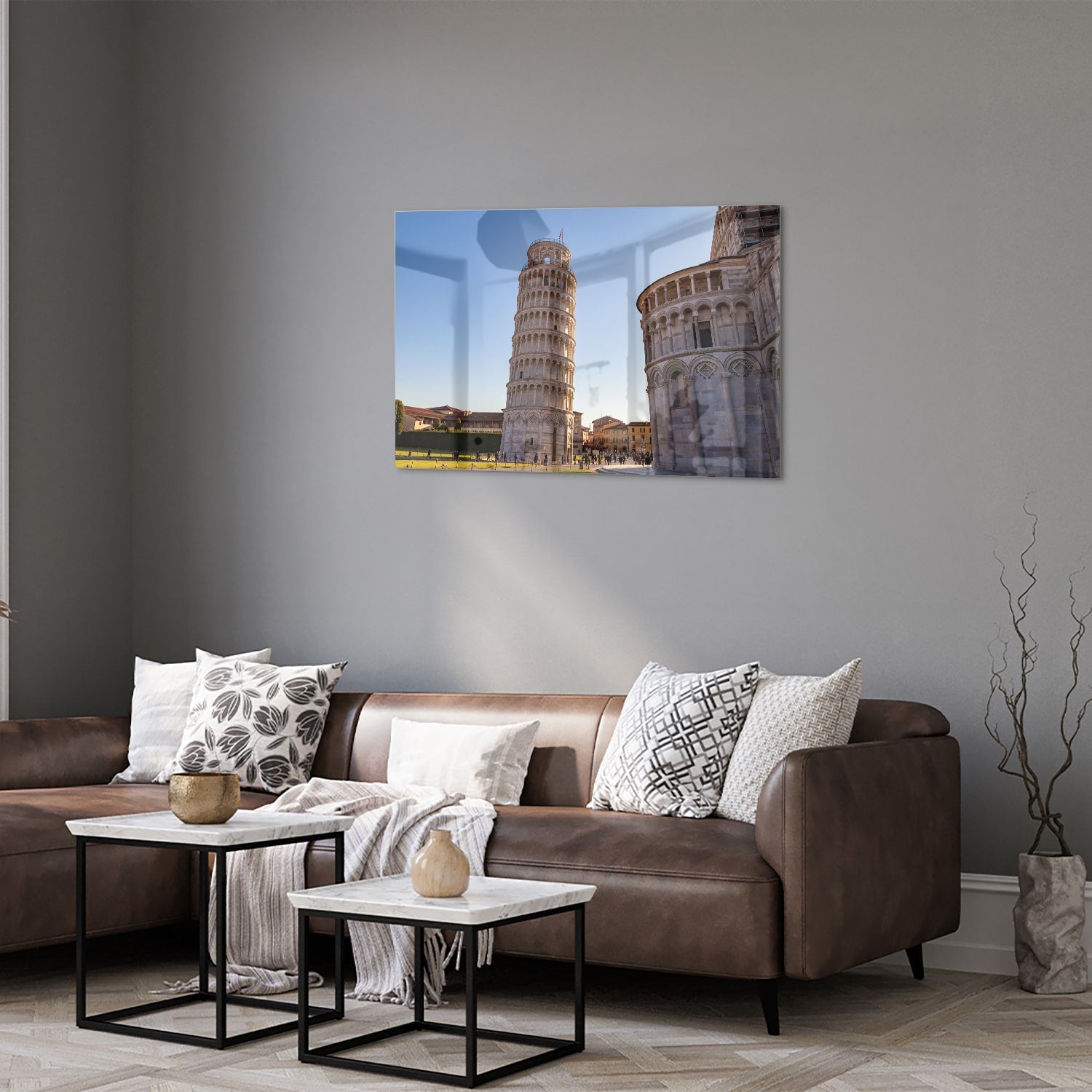 Glasbild mit dem Schiefen Turm von Pisa – Glasbild aus Sicherheitsglas, Größe 50x50_rond