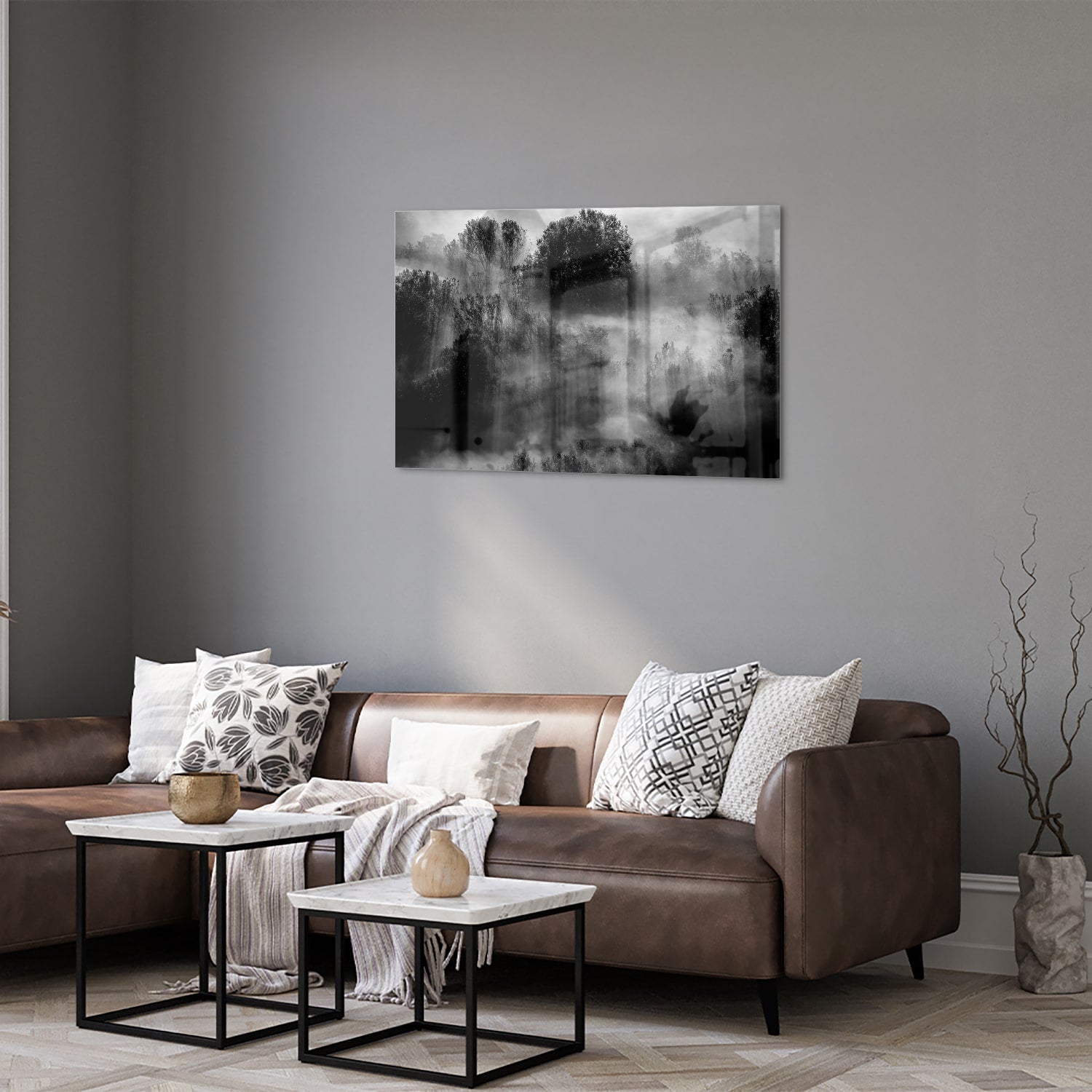 Abstraktes Schwarz-Weiß-Glasbild mit Bäumen – Glasbild aus Sicherheitsglas, Größe 50x50_rond