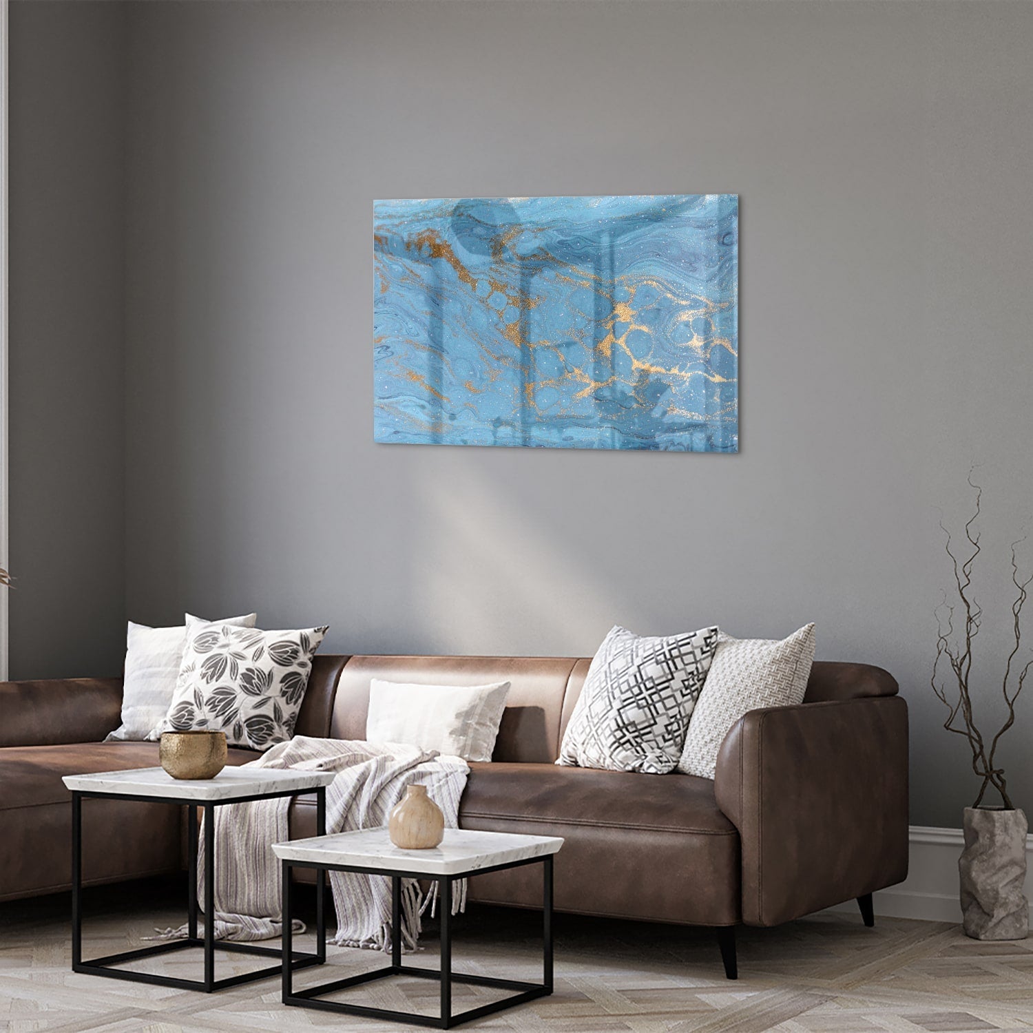 Elegantes Glasbild in blauen und goldenen Farbtönen – Glasbild aus Sicherheitsglas, Größe 50x50_rond