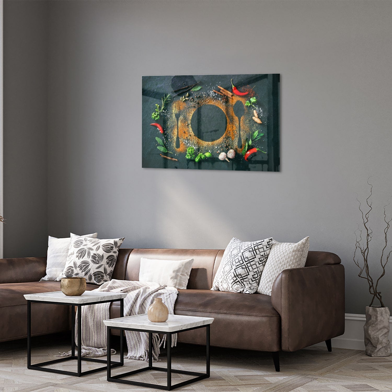 Glasbild mit culinaire elementen als moderne Glas-Wanddekoration aus 4 mm Sicherheitsglas