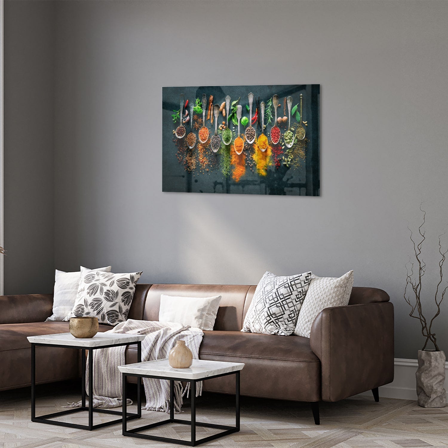 Farbenfrohes Glasbild mit Gewürzen und Kräutern – Glasbild aus Sicherheitsglas, Größe 50x50_rond