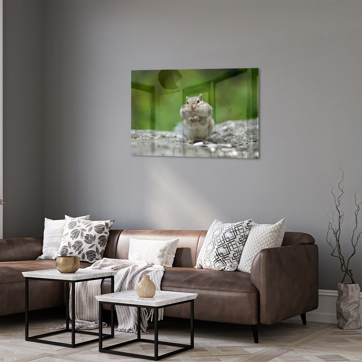 Niedliches Glasbild mit Eichhörnchen – Glasbild aus Sicherheitsglas, Größe 50x50_rond