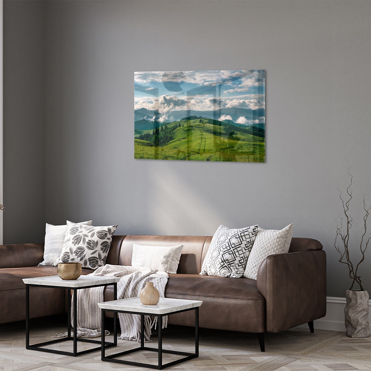 Glasbild mit atemberaubender Berglandschaft – Glasbild aus Sicherheitsglas, Größe 50x50_rond