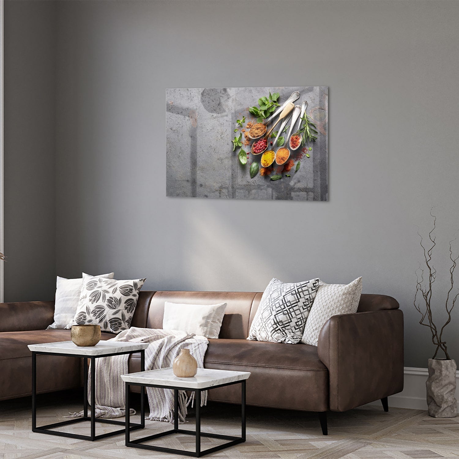 Glasbild mit Kräutern und Gewürzen – Glasbild aus Sicherheitsglas, Größe 50x50_rond