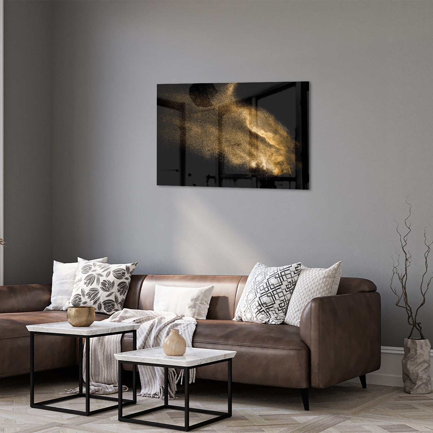 Glasbild – Goldene Hand auf schwarzem Hintergrund – Glasbild aus Sicherheitsglas, Größe 50x50_rond
