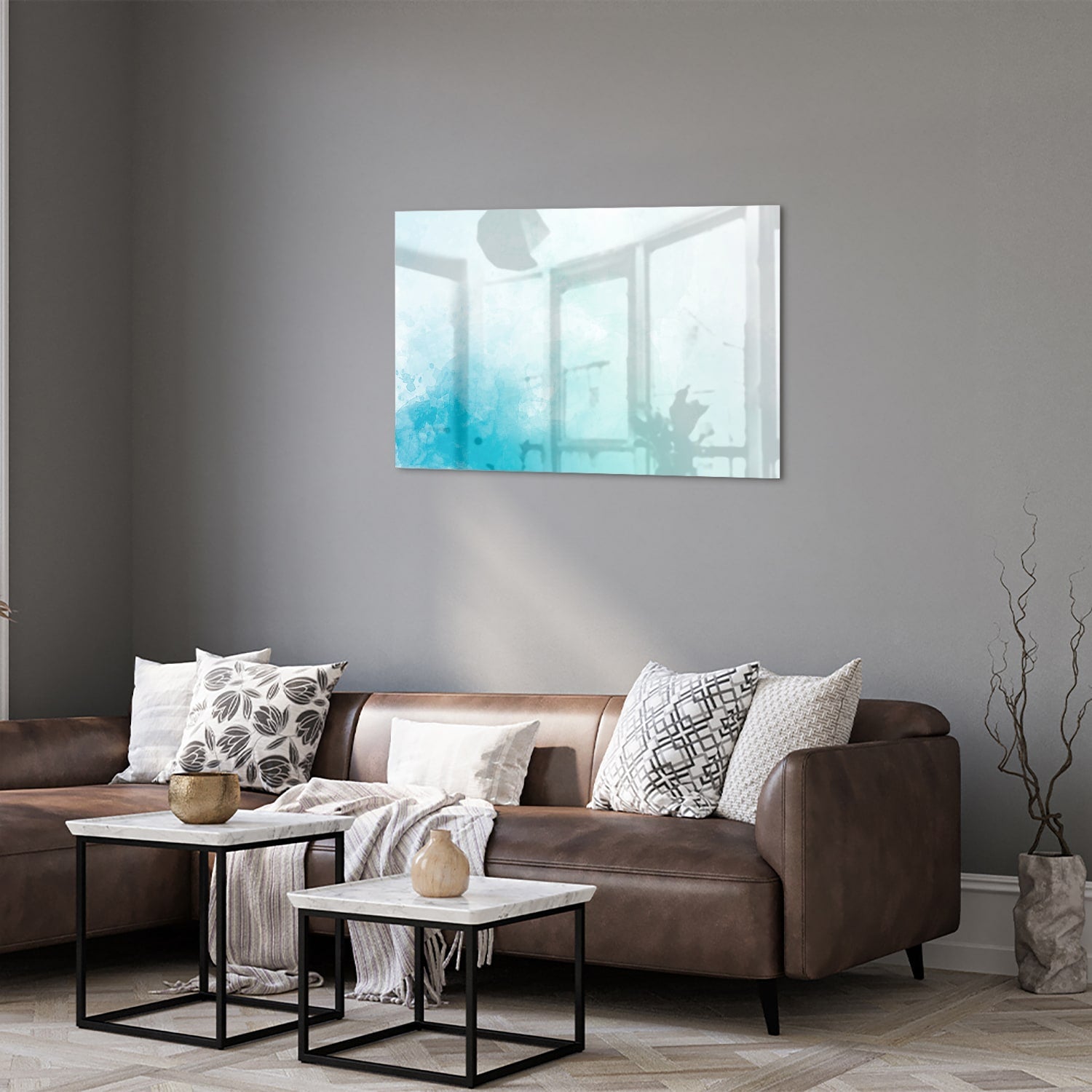 Abstraktes Glasbild in blauen und türkisen Farbtönen – Glasbild aus Sicherheitsglas, Größe 50x50_rond