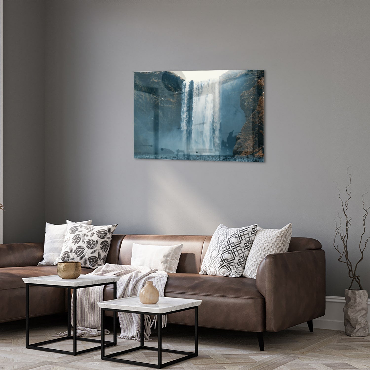Atemberaubendes Glasbild mit Wasserfall – Glasbild aus Sicherheitsglas, Größe 50x50_rond