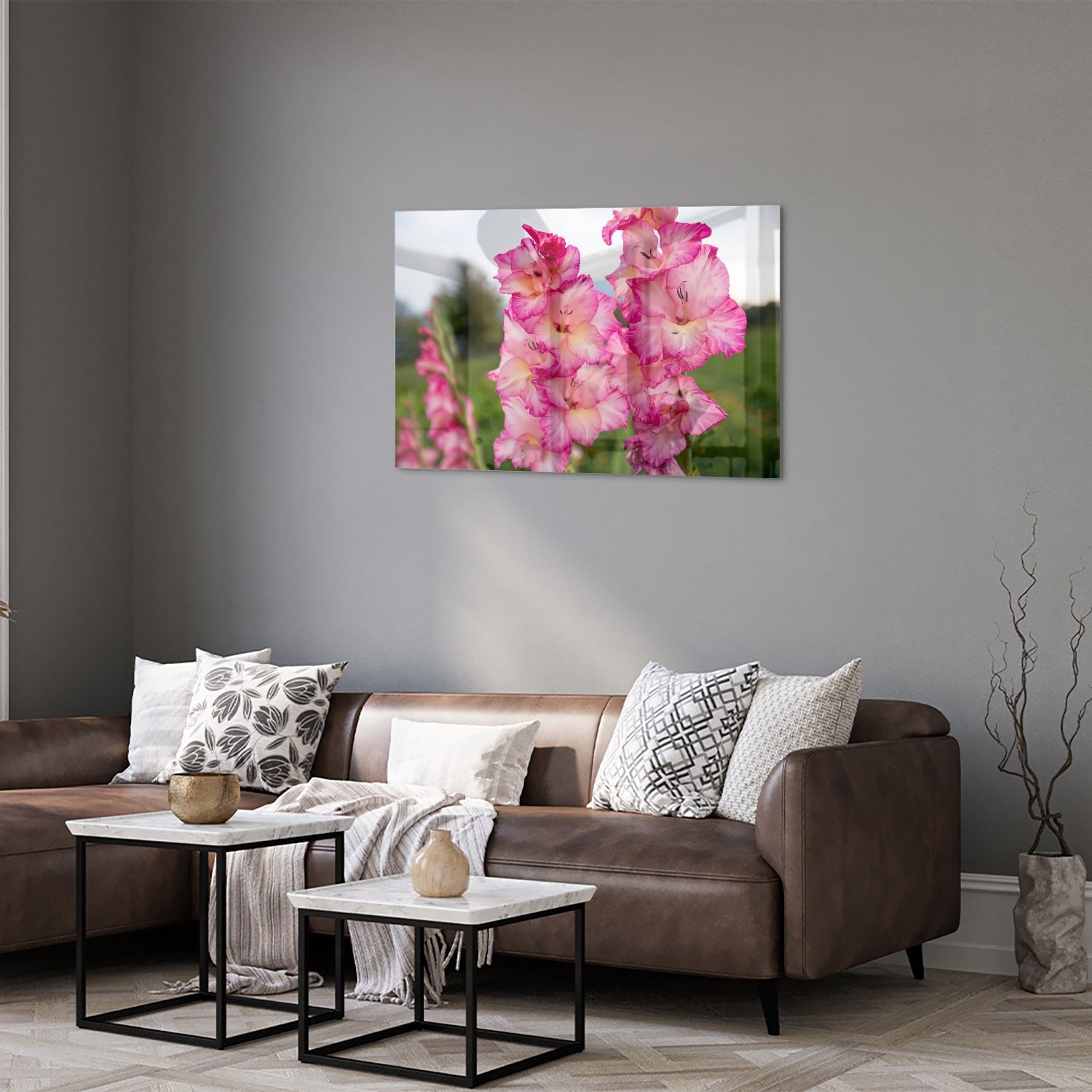 Glasbild mit wunderschönen rosa Gladiolen – Glasbild aus Sicherheitsglas, Größe 50x50_rond