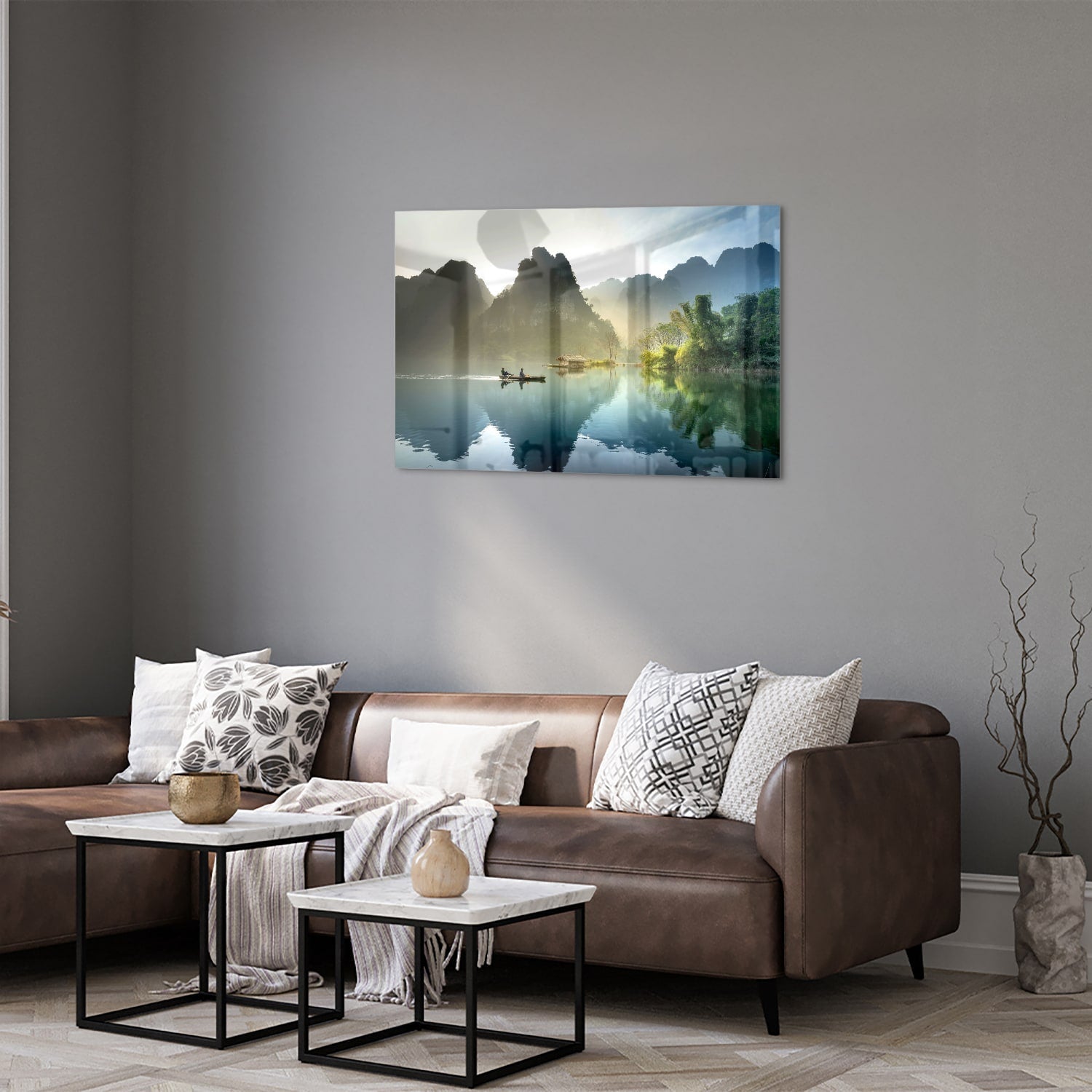 Rustikales Glasbild mit ruhigen Bergreflexionen – Glasbild aus Sicherheitsglas, Größe 50x50_rond