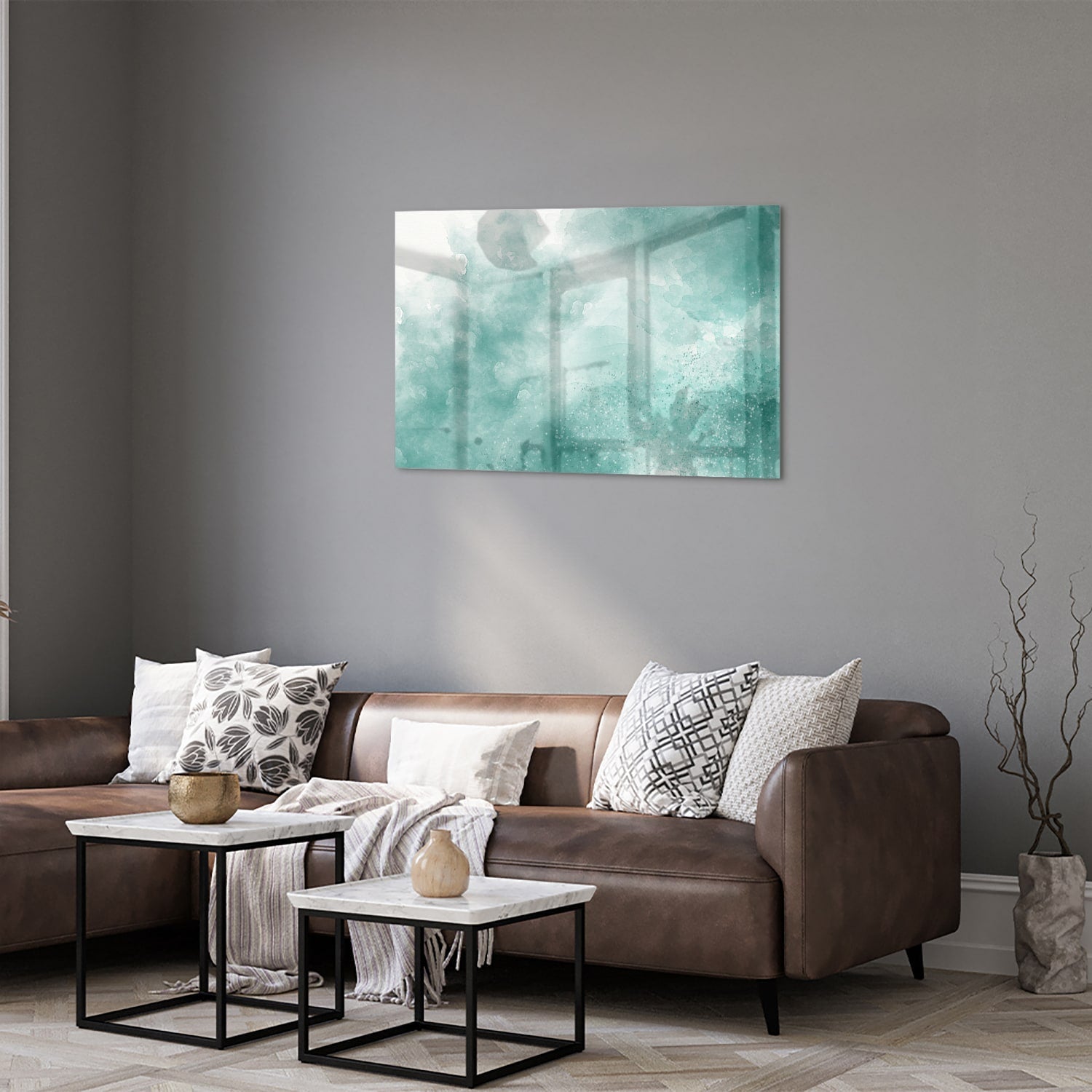 Abstraktes Glasbild in Aquablau – Glasbild aus Sicherheitsglas, Größe 50x50_rond