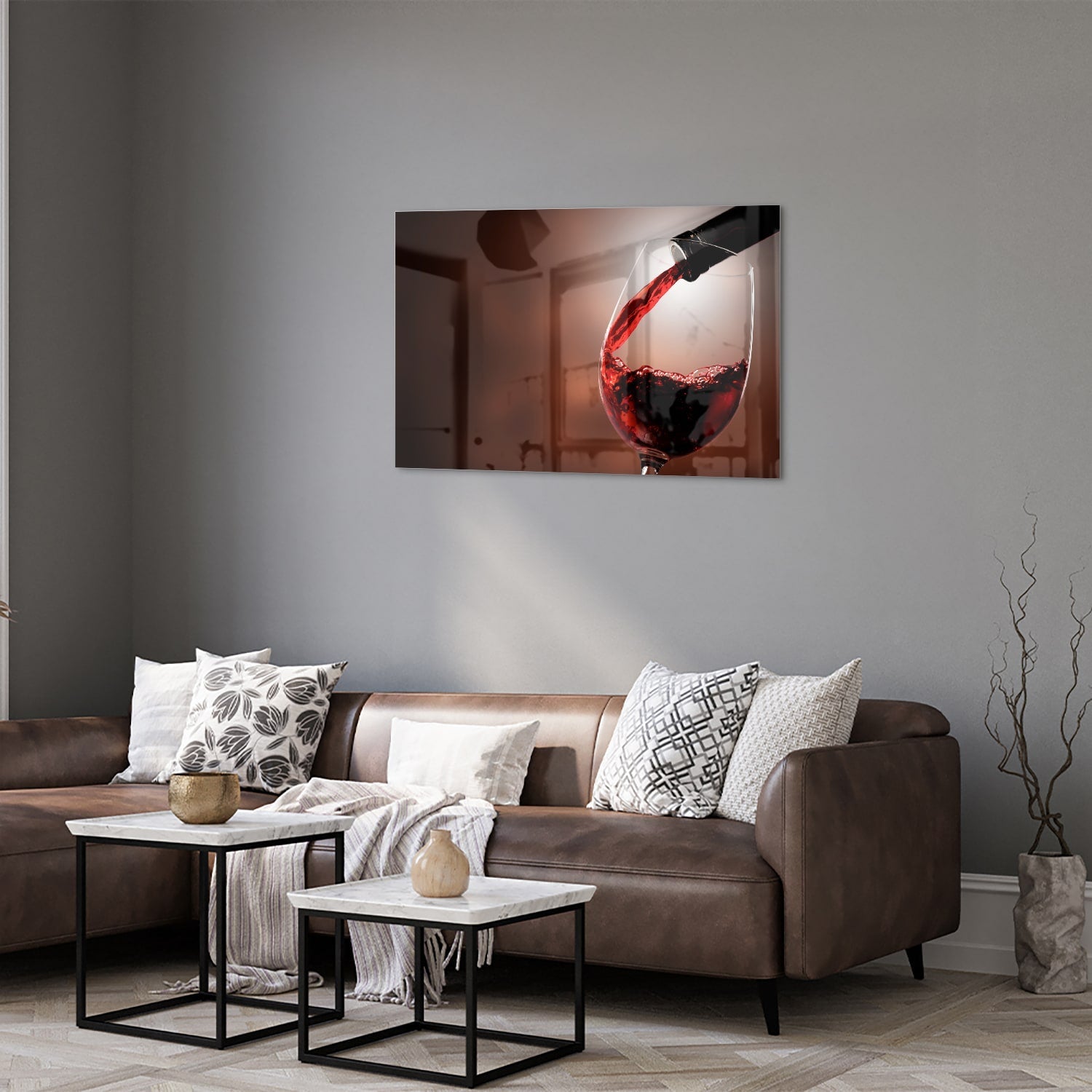 Glasbild mit Rotwein in einem stilvollen Raum – Glasbild aus Sicherheitsglas, Größe 50x50_rond
