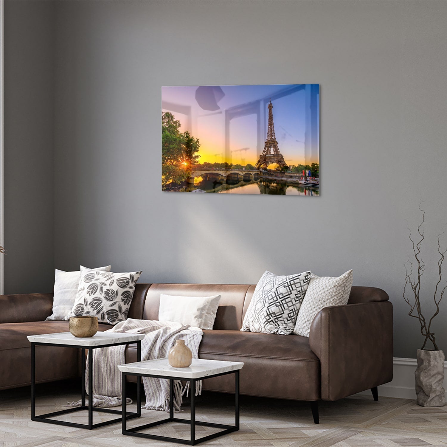 Glasbild mit dem Eiffelturm bei Sonnenuntergang – Glasbild aus Sicherheitsglas, Größe 50x50_rond
