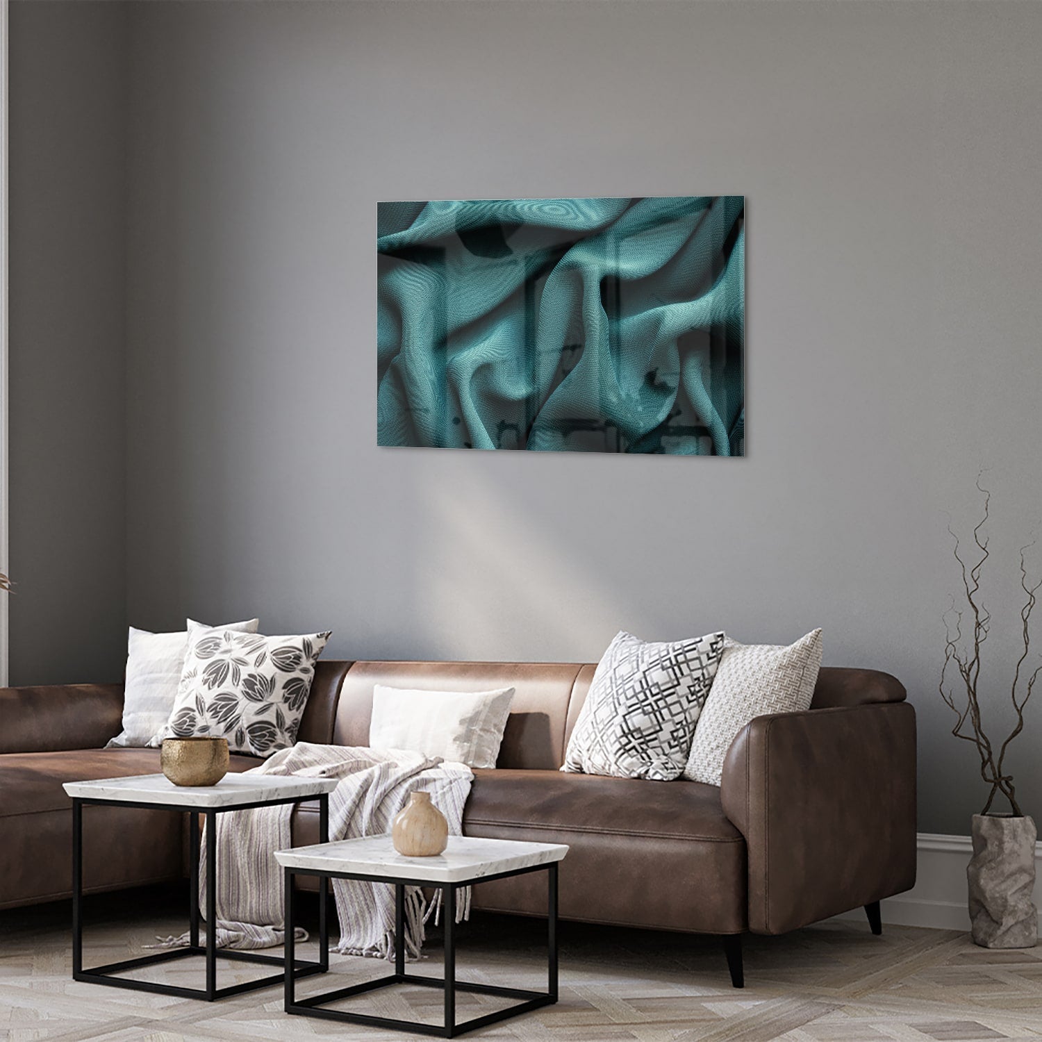 Elegantes Glasbild mit blau-grünem Design – Glasbild aus Sicherheitsglas, Größe 50x50_rond