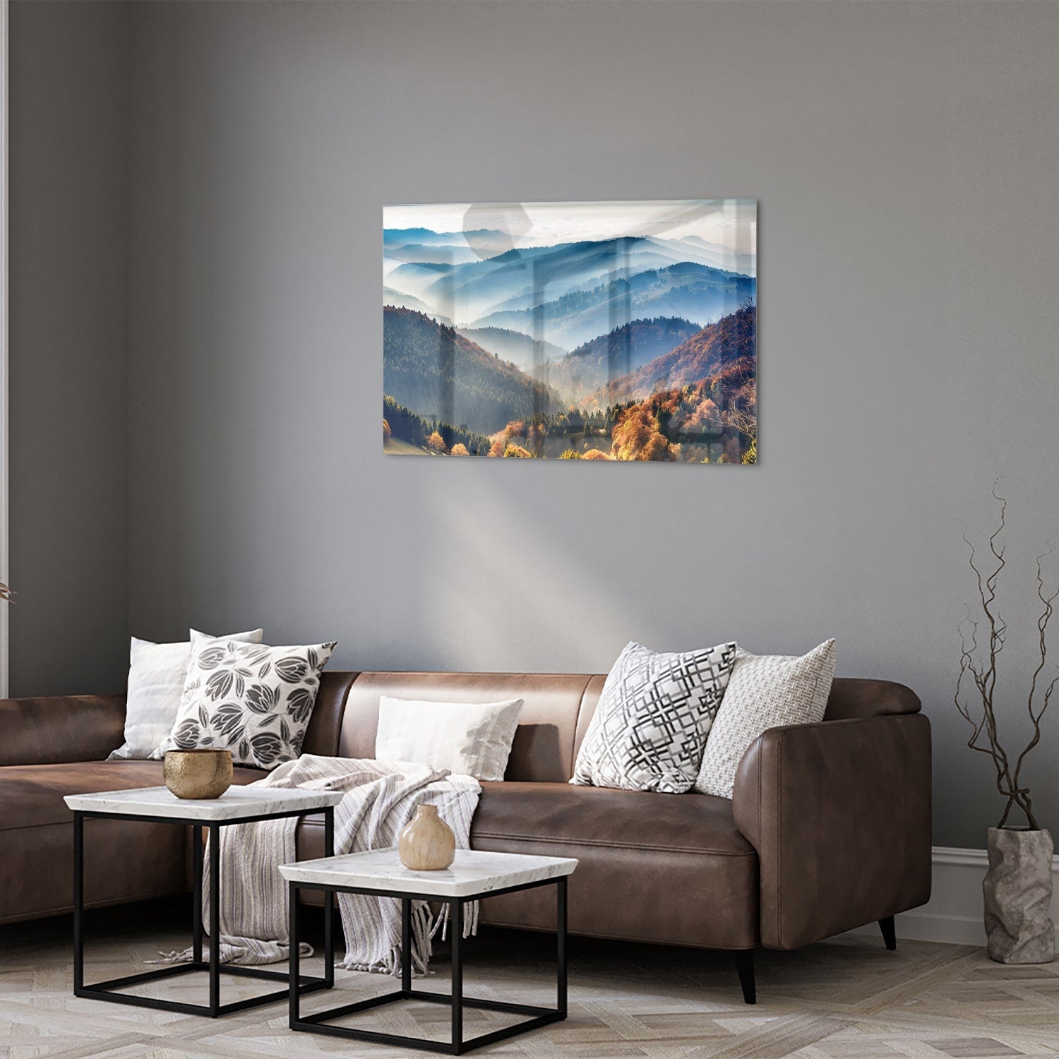 Atemberaubendes Glasbild mit Berglandschaft für Zuhause – Glasbild aus Sicherheitsglas, Größe 50x50_rond