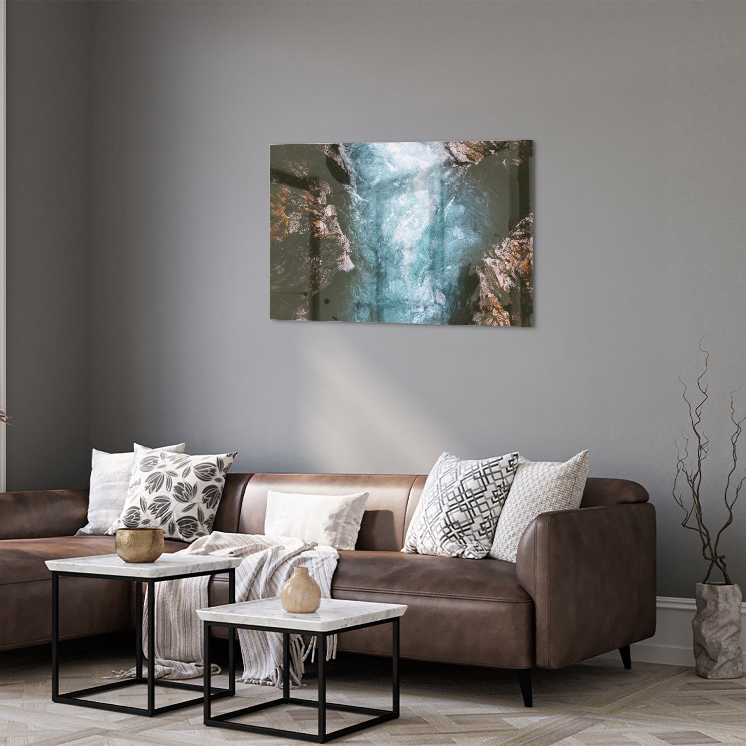 Glasbild mit klarem Bergwasser – Glasbild aus Sicherheitsglas, Größe 50x50_rond