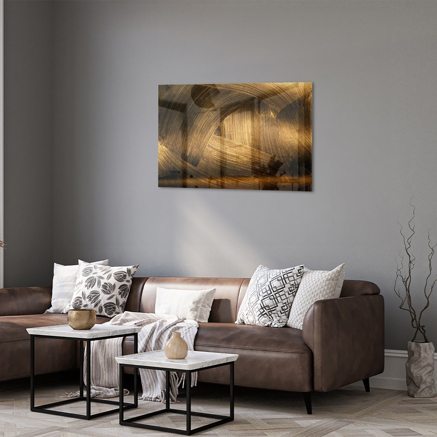 Elegantes Glasbild mit goldenem Muster – Glasbild aus Sicherheitsglas, Größe 50x50_rond