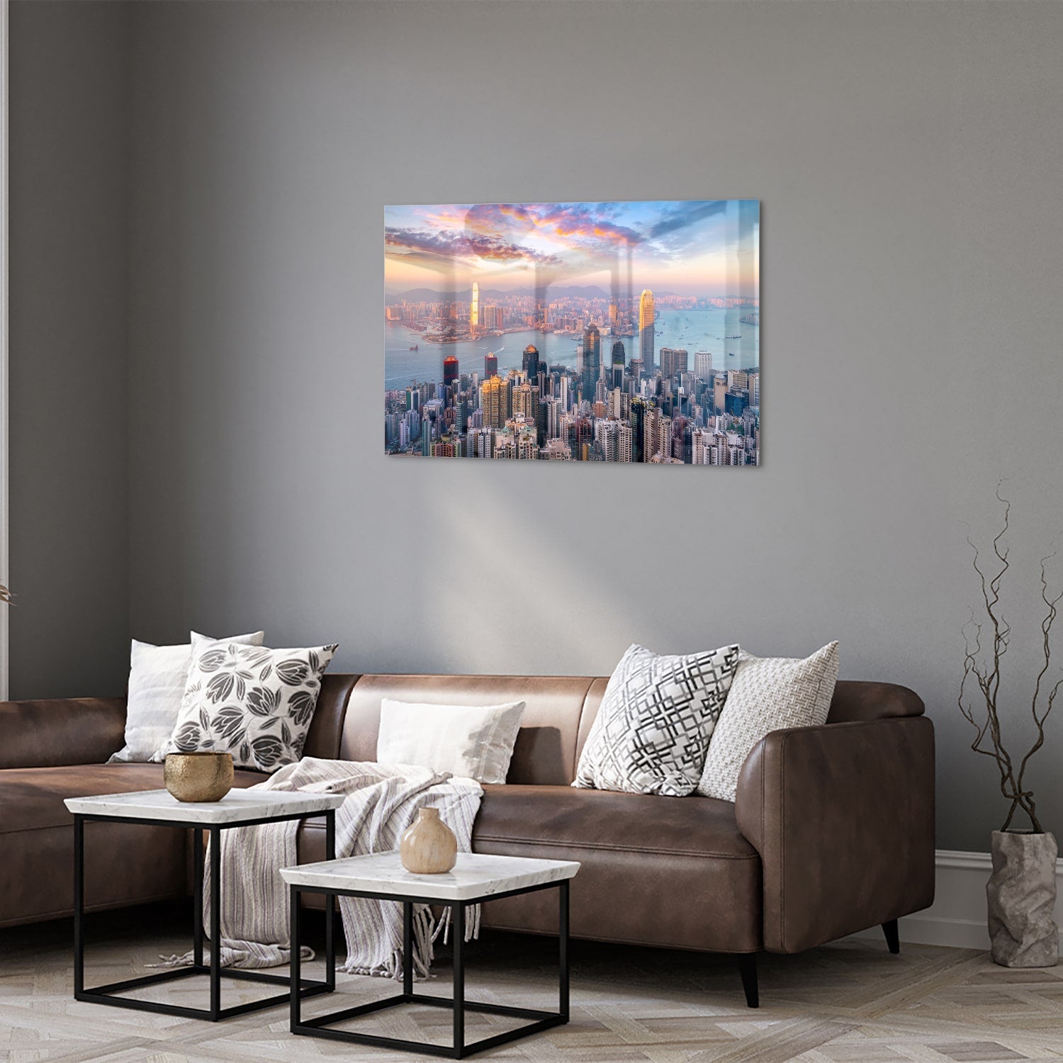 Glasbild mit Stadtansicht bei Sonnenuntergang – Glasbild aus Sicherheitsglas, Größe 50x50_rond