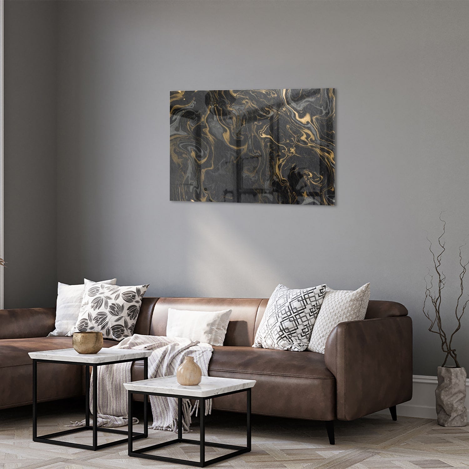 Elegantes schwarz-goldenes Glasbild für Ihr Wohnzimmer – Glasbild aus Sicherheitsglas, Größe 50x50_rond