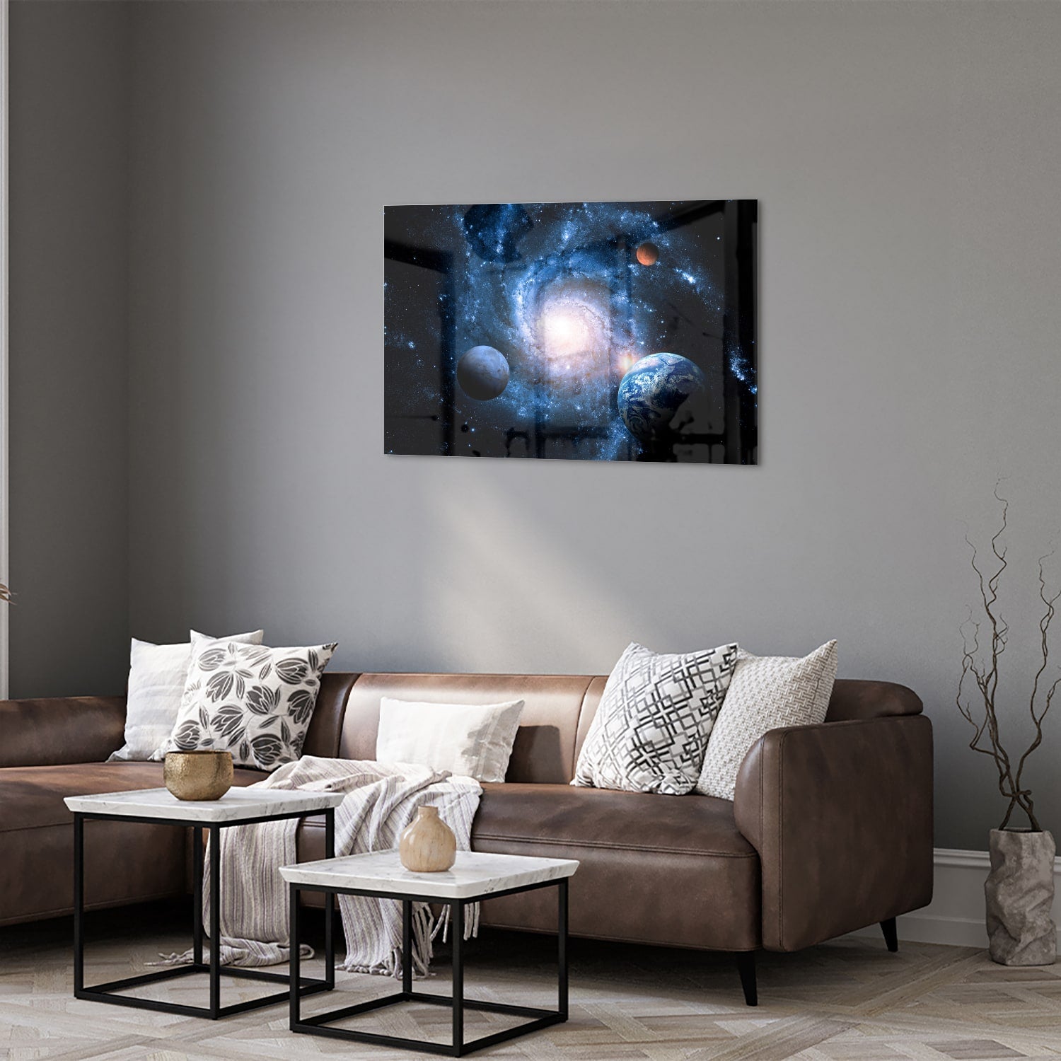 Glasbild mit Weltall und Planeten – Glasbild aus Sicherheitsglas, Größe 50x50_rond