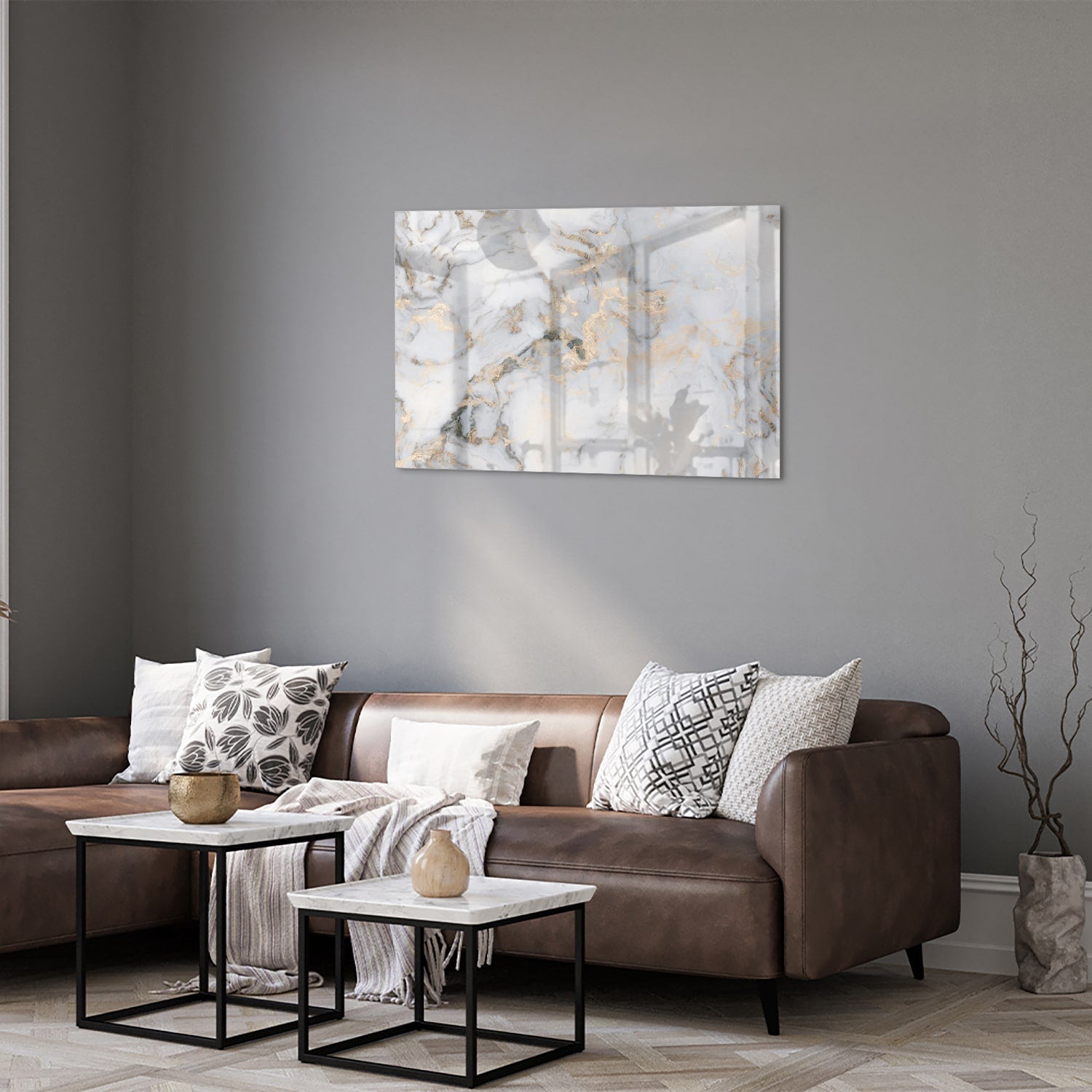 Elegantes Glasbild mit Marmoroptik und goldenen Details – Glasbild aus Sicherheitsglas, Größe 50x50_rond