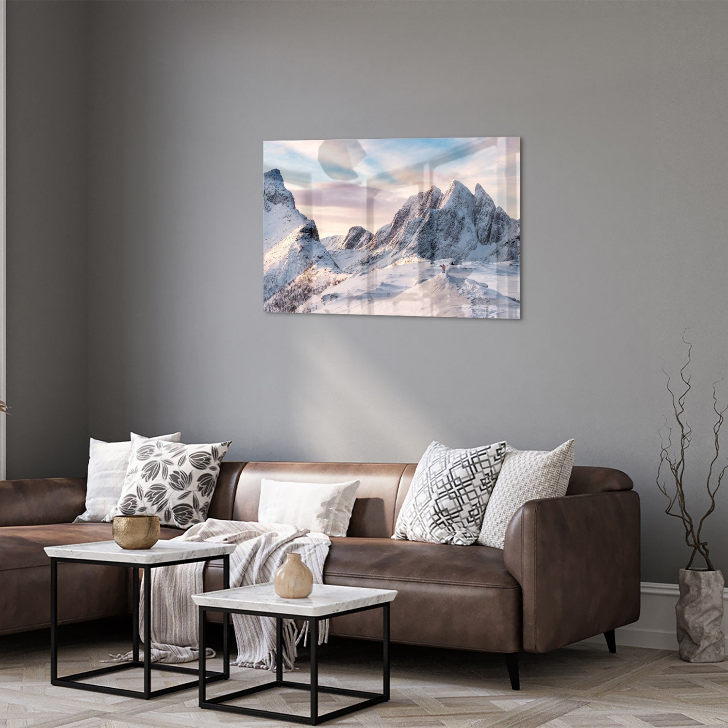 Atemberaubendes Glasbild mit verschneiten Bergen – Glasbild aus Sicherheitsglas, Größe 50x50_rond