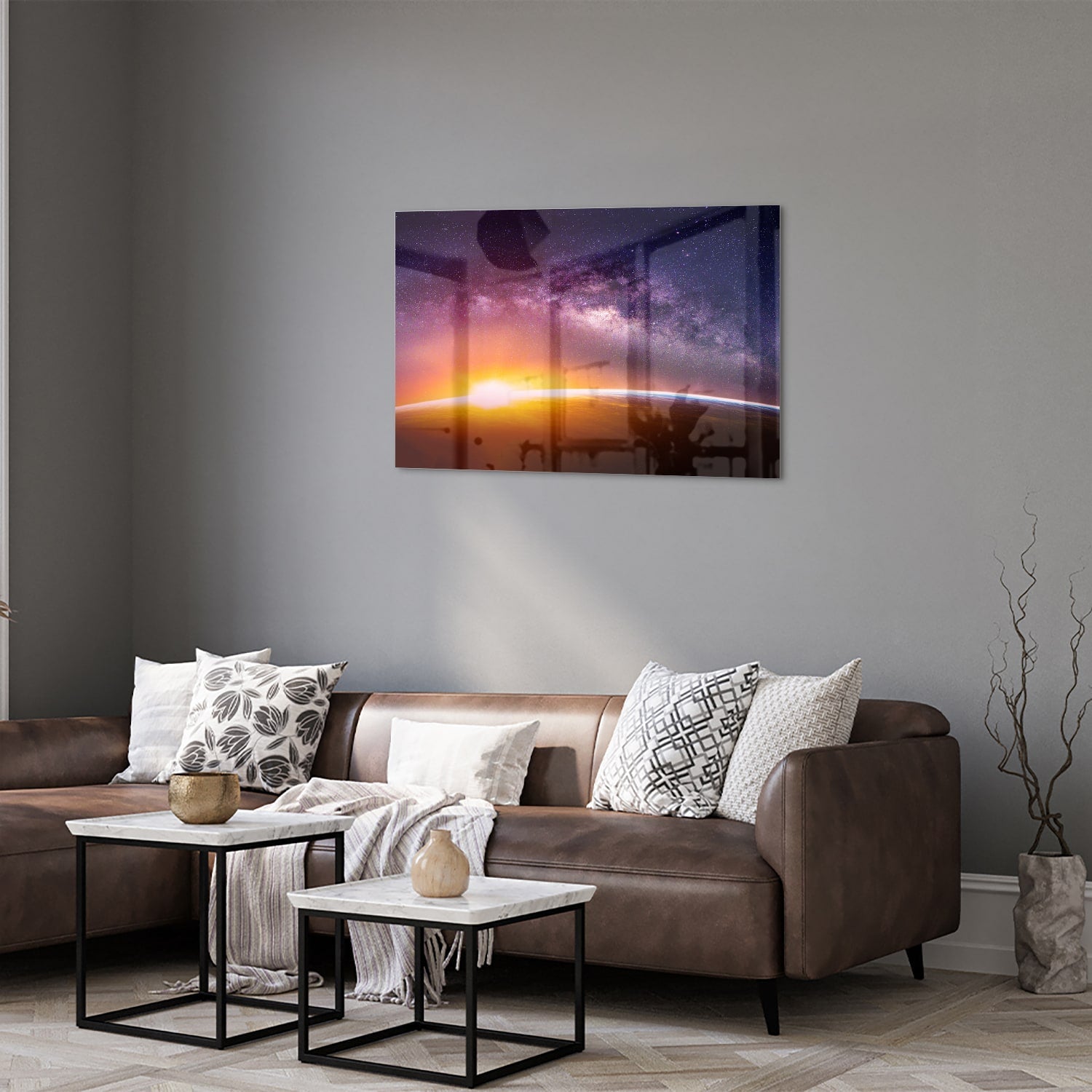 Glasbild mit einem Sternenhimmel bei Sonnenuntergang – Glasbild aus Sicherheitsglas, Größe 50x50_rond