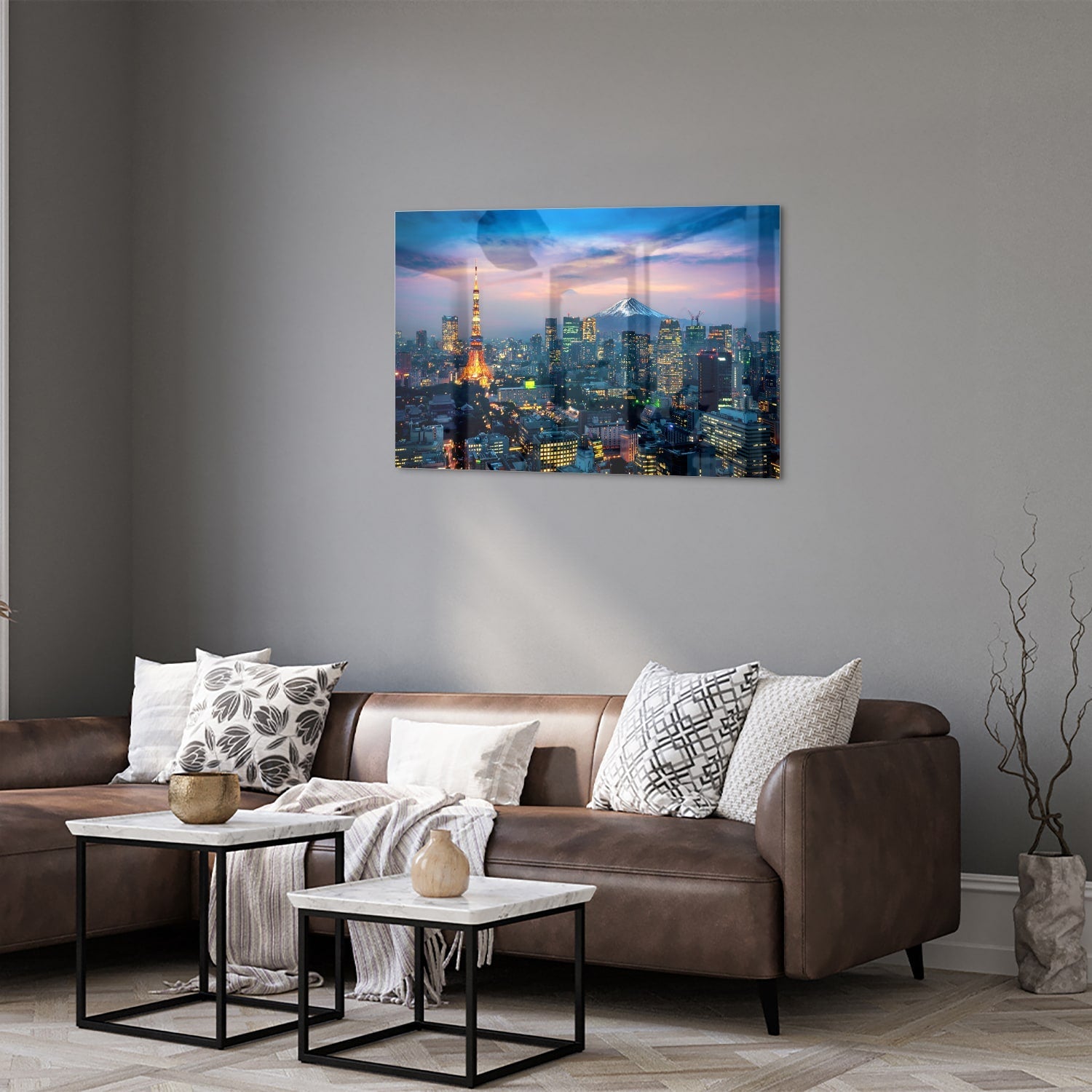 Glasbild mit Stadtpanorama, Fuji und Tokyo Tower – Glasbild aus Sicherheitsglas, Größe 50x50_rond